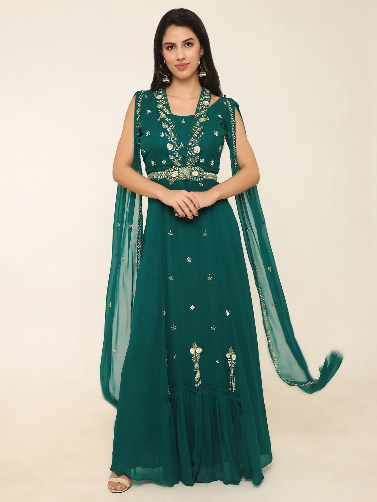 Bottle Green Georgette Gown with Cape Sleeves & Tassel Detailing