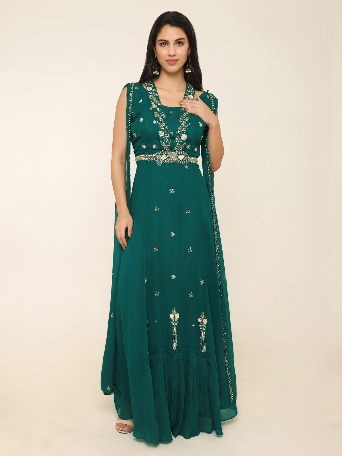 Bottle Green Georgette Gown with Cape Sleeves & Tassel Detailing