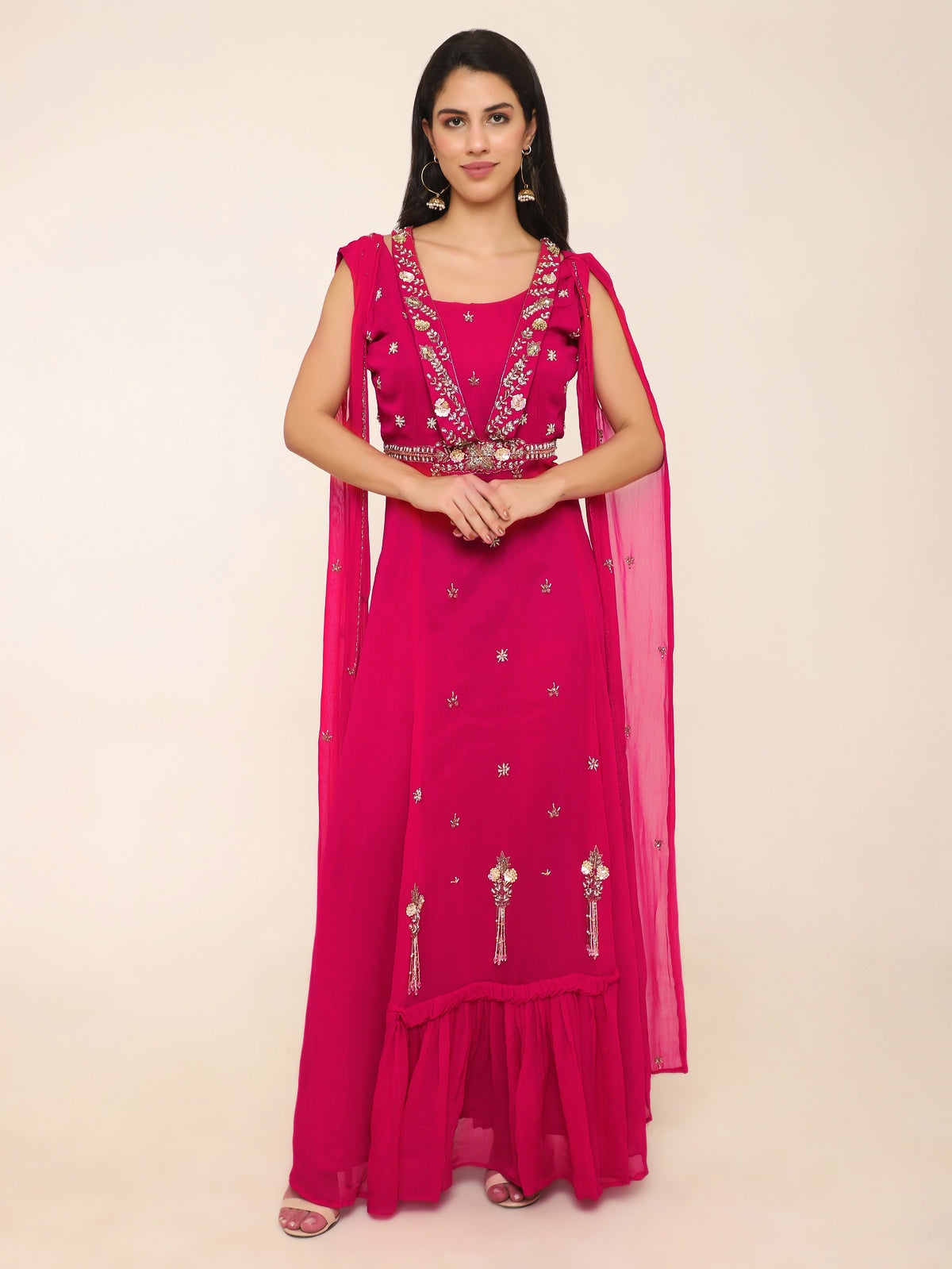 Fuchsia Pink Georgette Gown with Cape Sleeves & Tassel Details