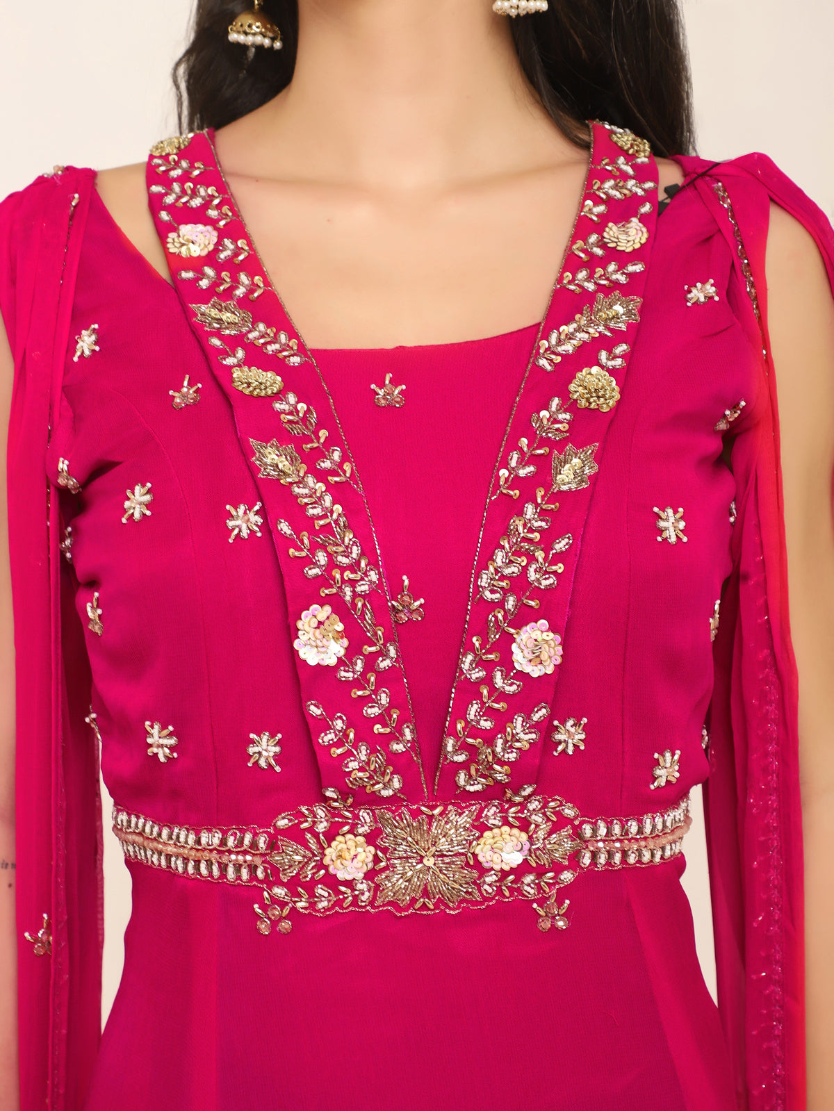 Fuchsia Pink Georgette Gown with Cape Sleeves & Tassel Details