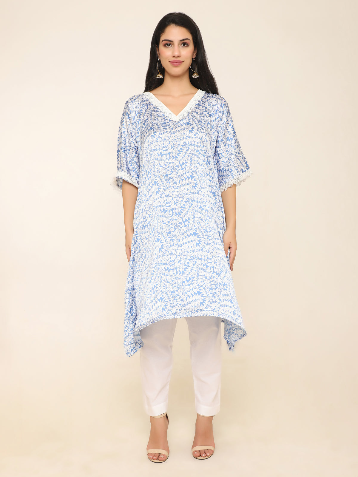 Muslin White Kaftan Set with Blue Vine Print & Lace Neckline