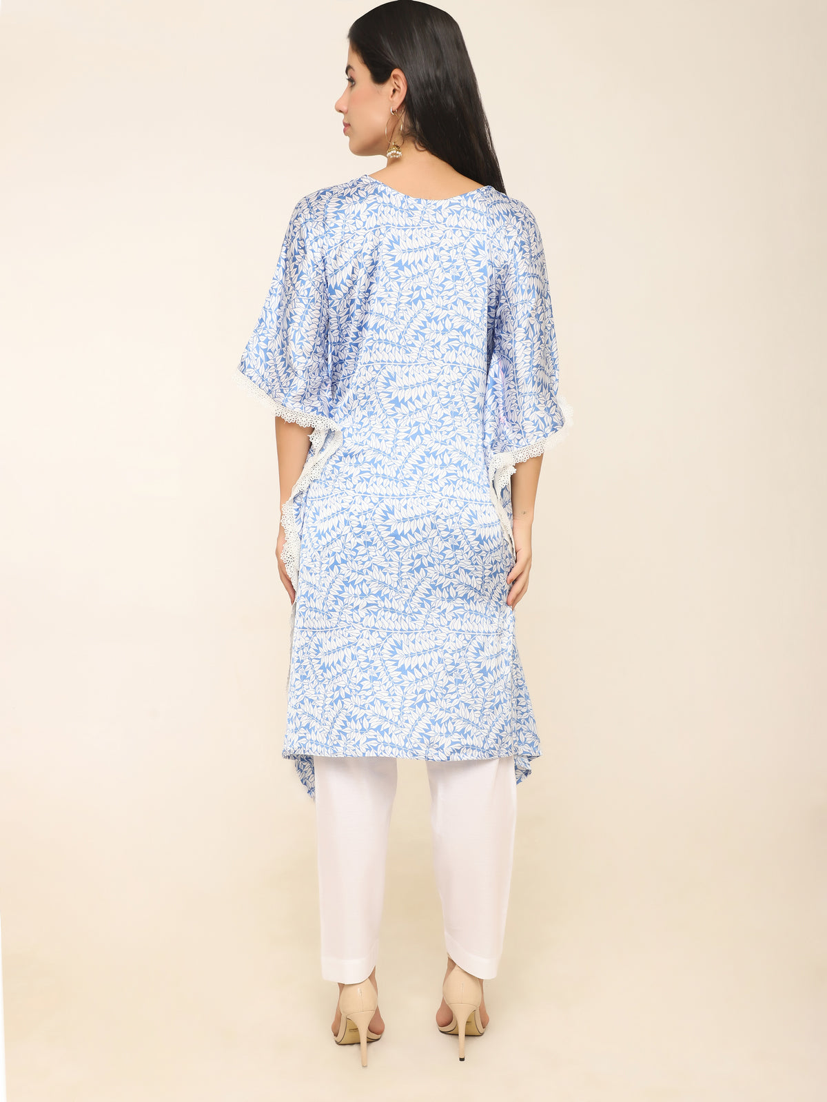 Muslin White Kaftan Set with Blue Vine Print & Lace Neckline