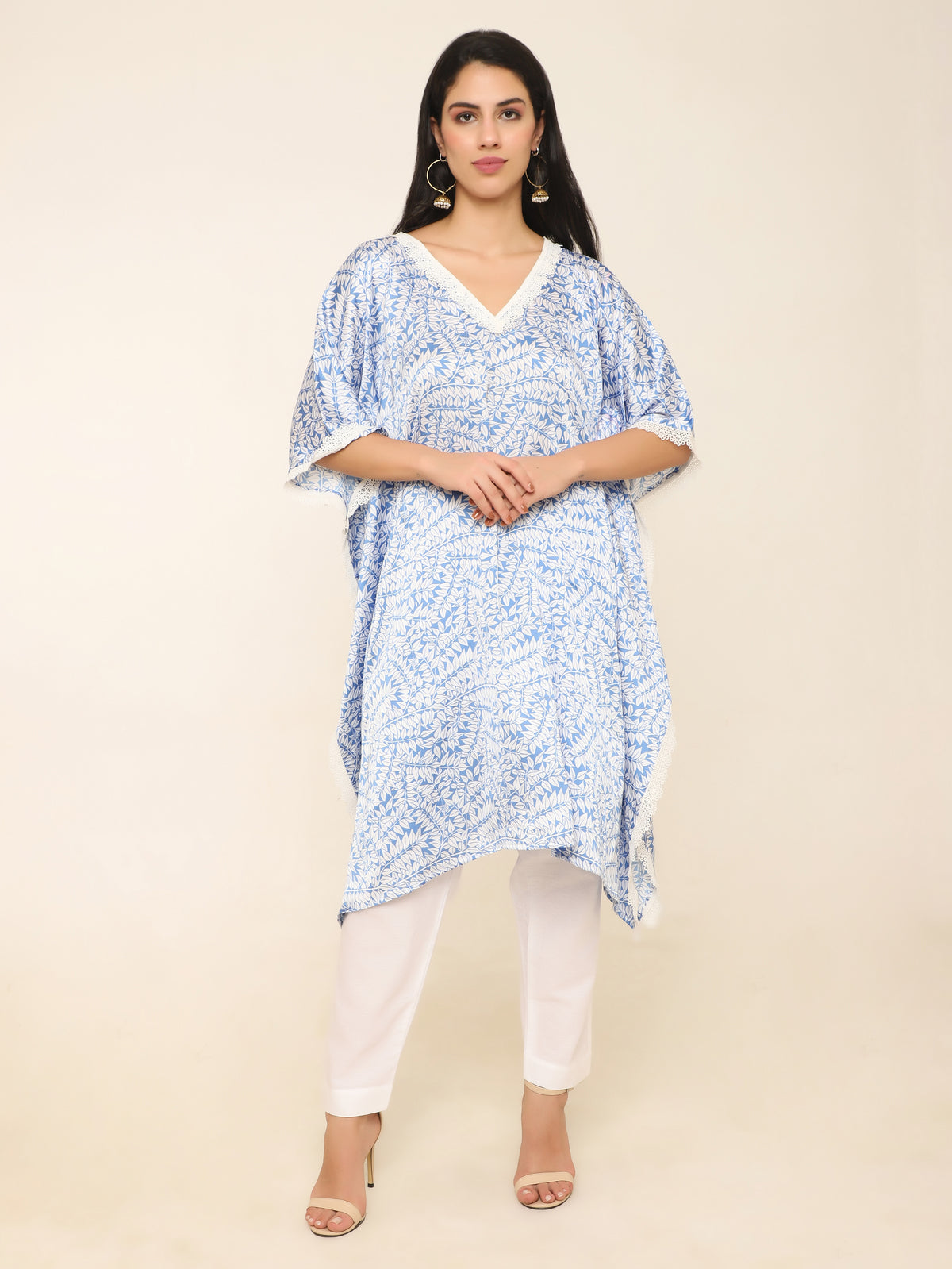 Muslin White Kaftan Set with Blue Vine Print & Lace Neckline