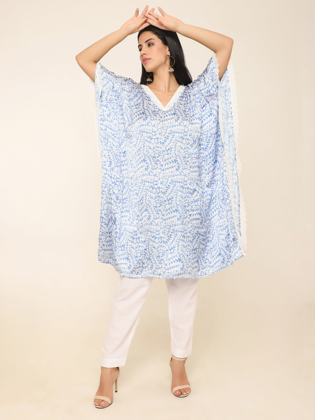 Muslin White Kaftan Set with Blue Vine Print & Lace Neckline