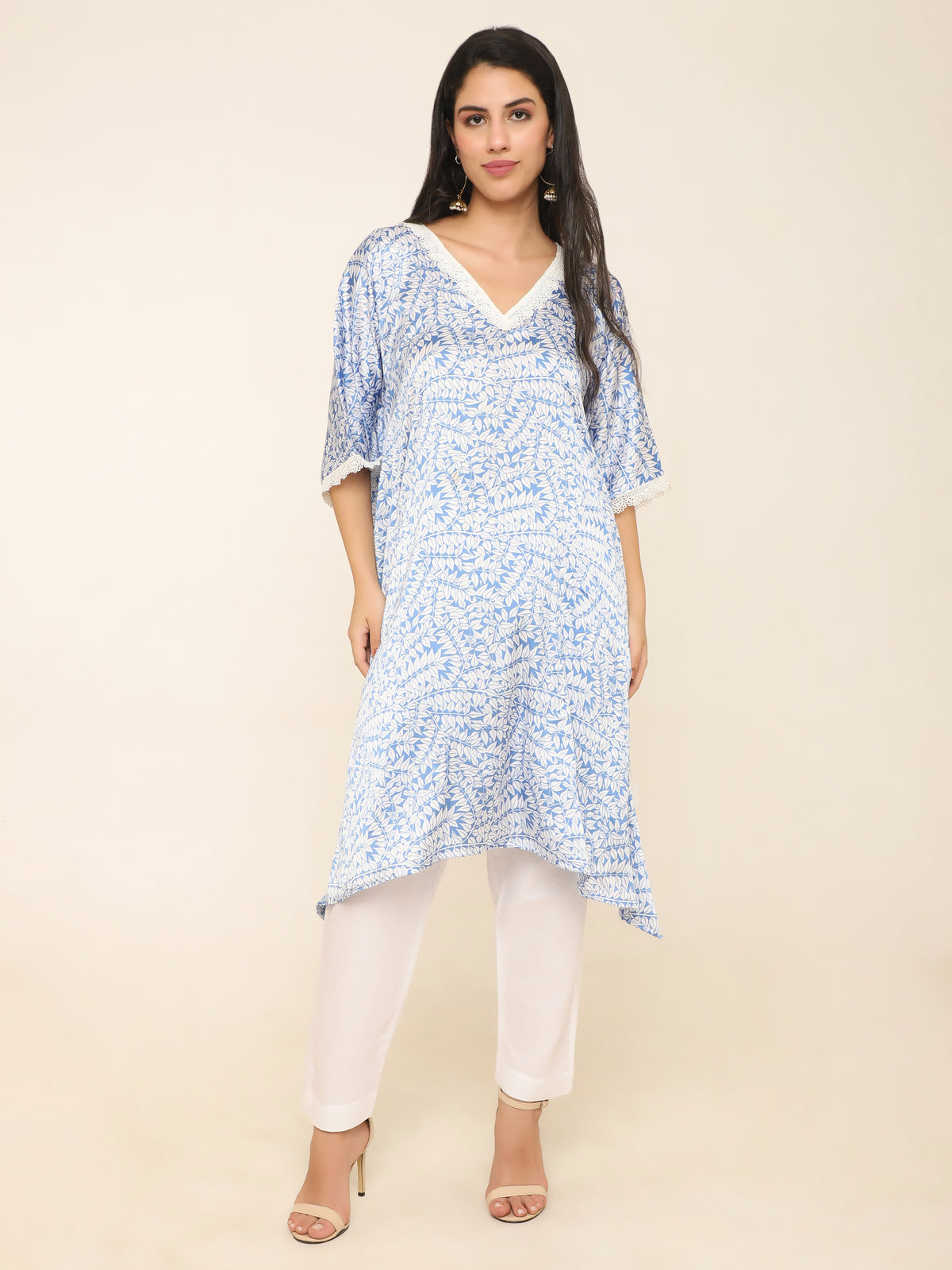 Muslin White Kaftan Set with Blue Vine Print & Lace Neckline