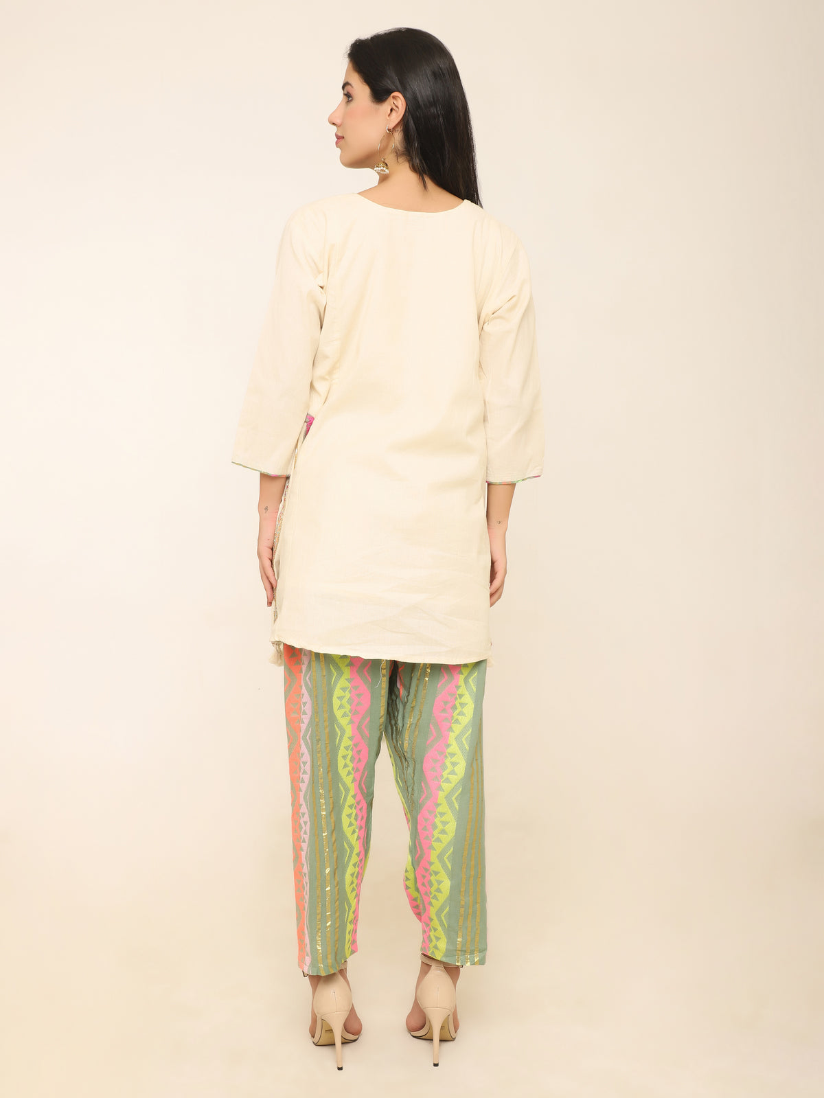 Ivory Co-ord set with beadwork & multi color pants.