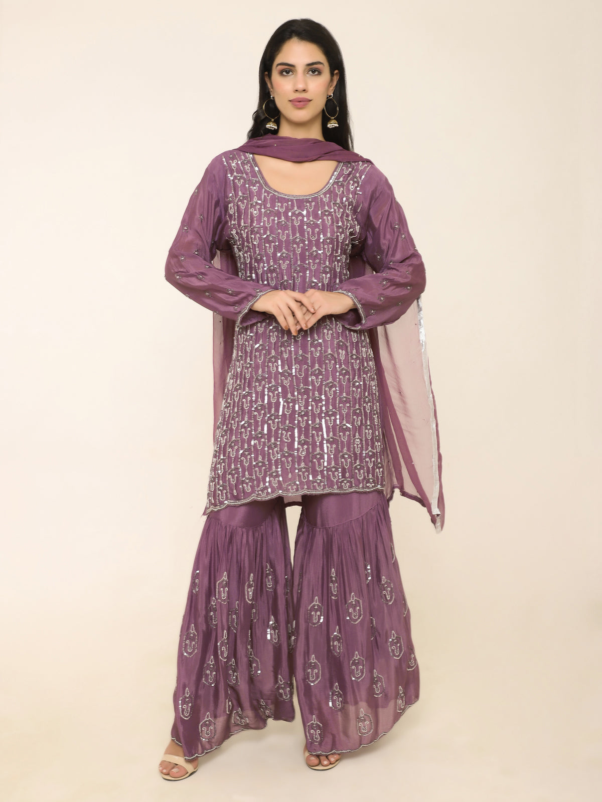 Mauve Purple Chiffon Party Suit with Bead & Sequin Work