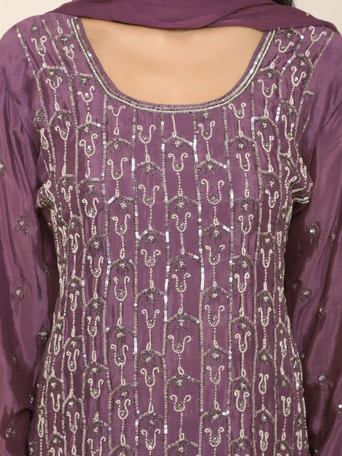 Mauve Purple Chiffon Party Suit with Bead & Sequin Work