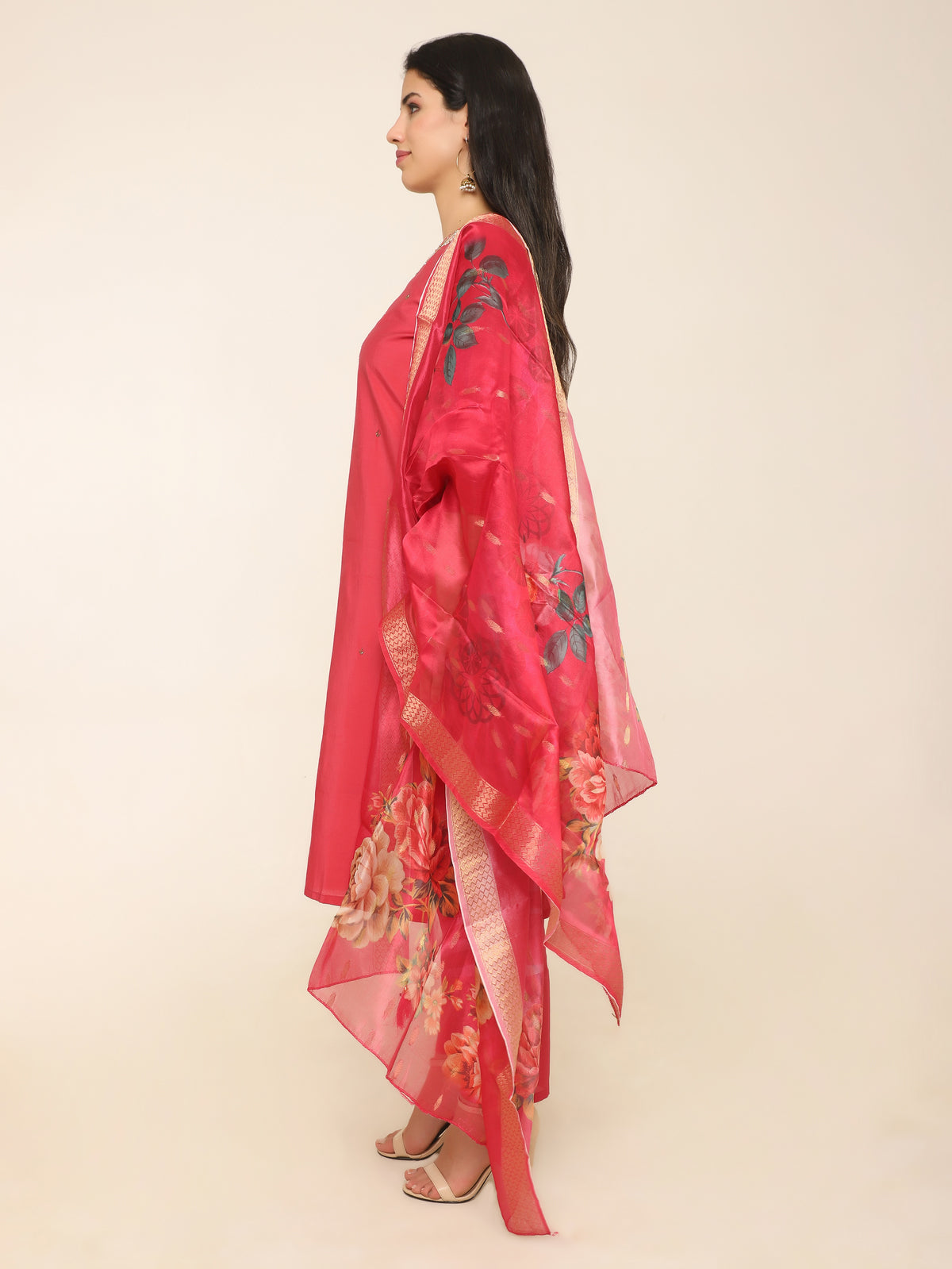 Cherry Red Handwork & Bead Detail 3-Piece Suit with Organza Dupatta