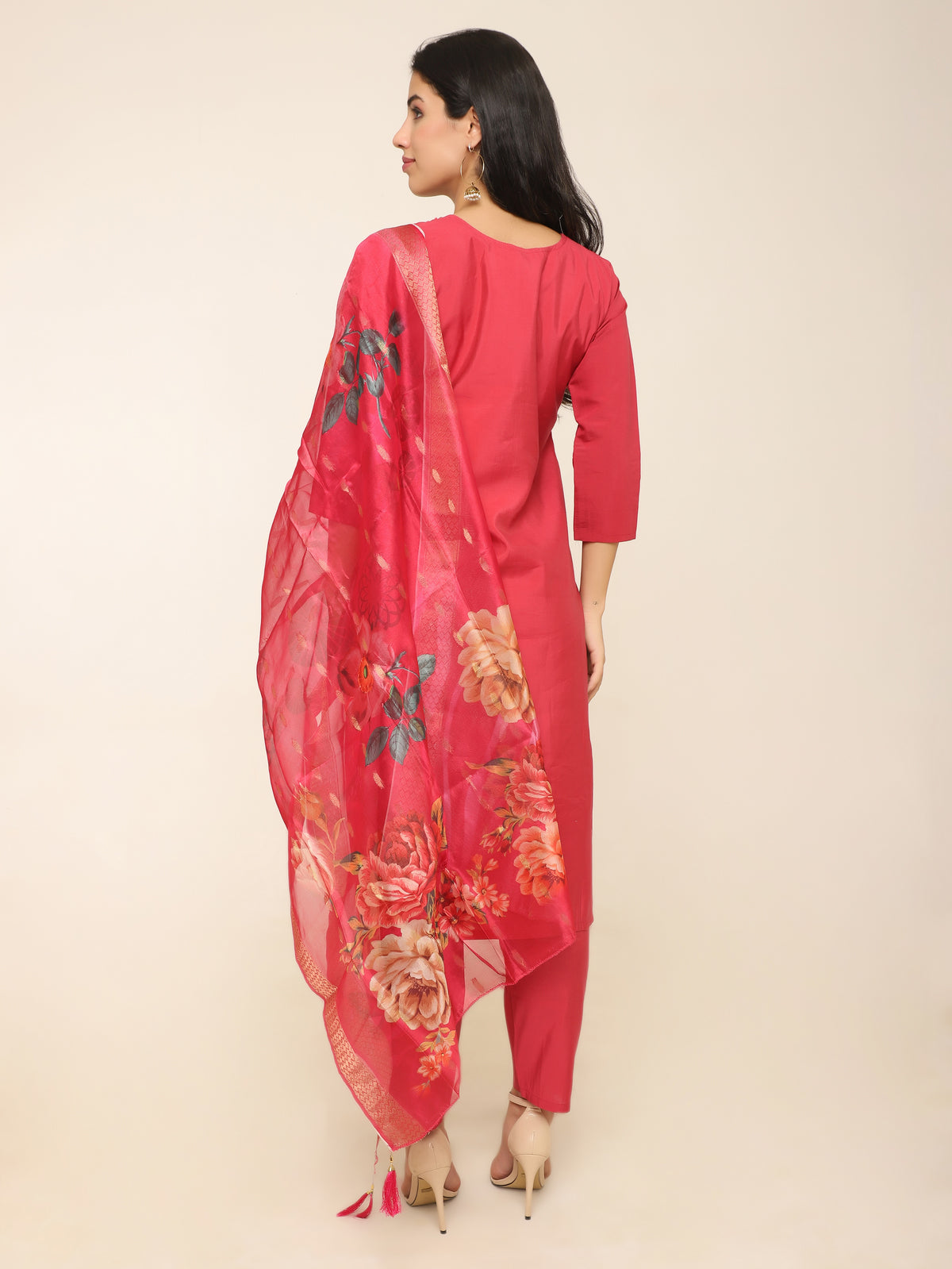 Cherry Red Handwork & Bead Detail 3-Piece Suit with Organza Dupatta