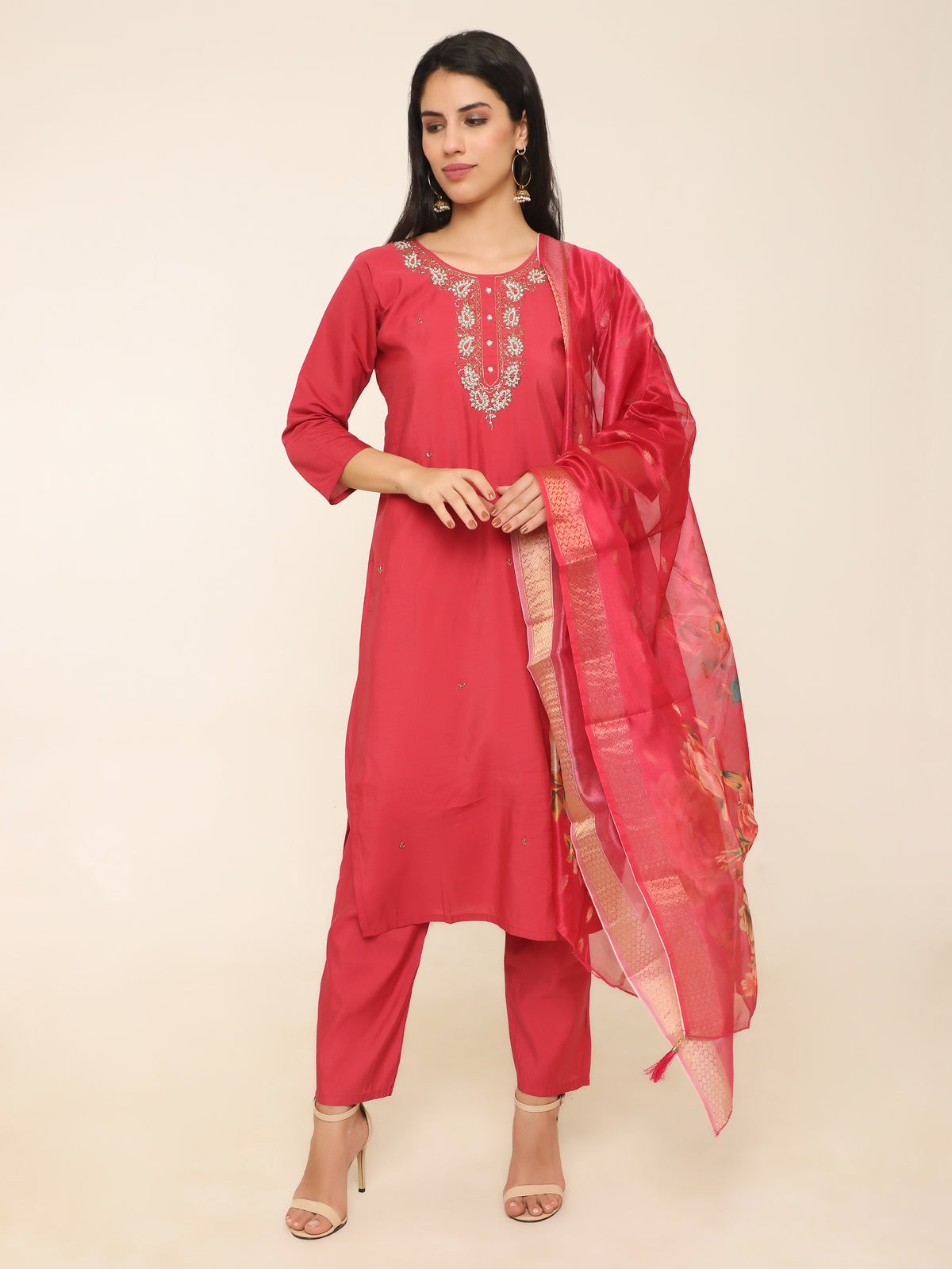 Cherry Red Handwork & Bead Detail 3-Piece Suit with Organza Dupatta