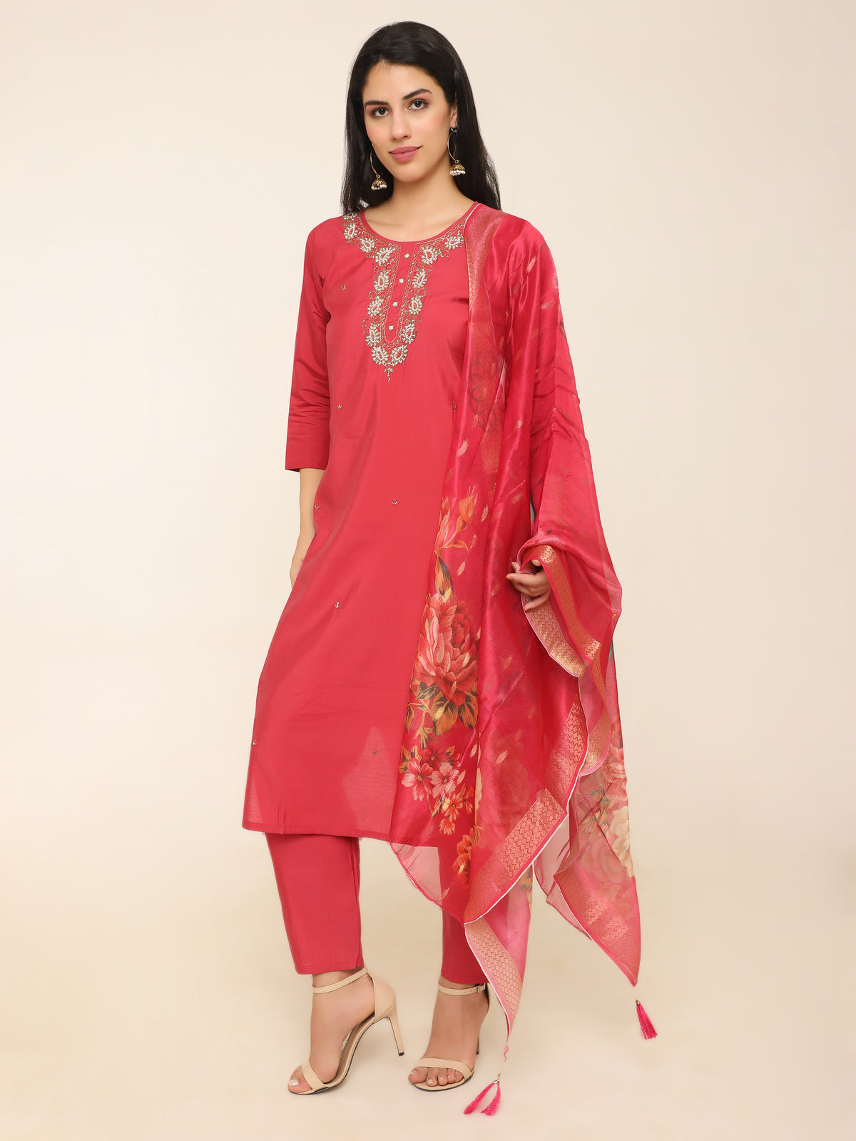 Cherry Red Handwork & Bead Detail 3-Piece Suit with Organza Dupatta