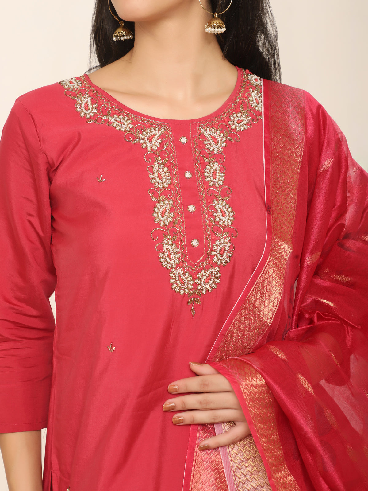 Cherry Red Handwork & Bead Detail 3-Piece Suit with Organza Dupatta