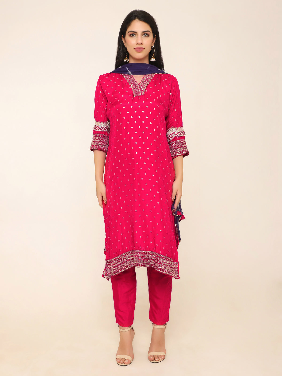 Fuchsia Pink Suit Set in Chanderi Fabric with Purple Leheriya Dupatta