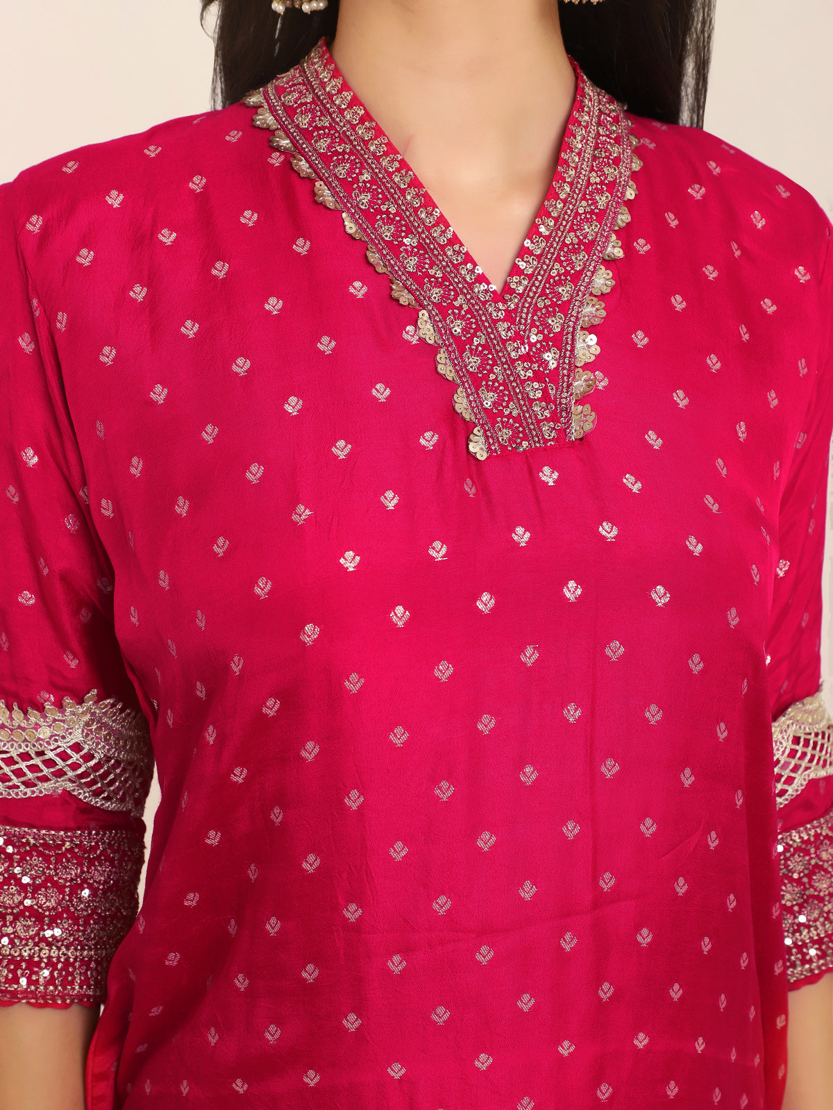 Fuchsia Pink Suit Set in Chanderi Fabric with Purple Leheriya Dupatta