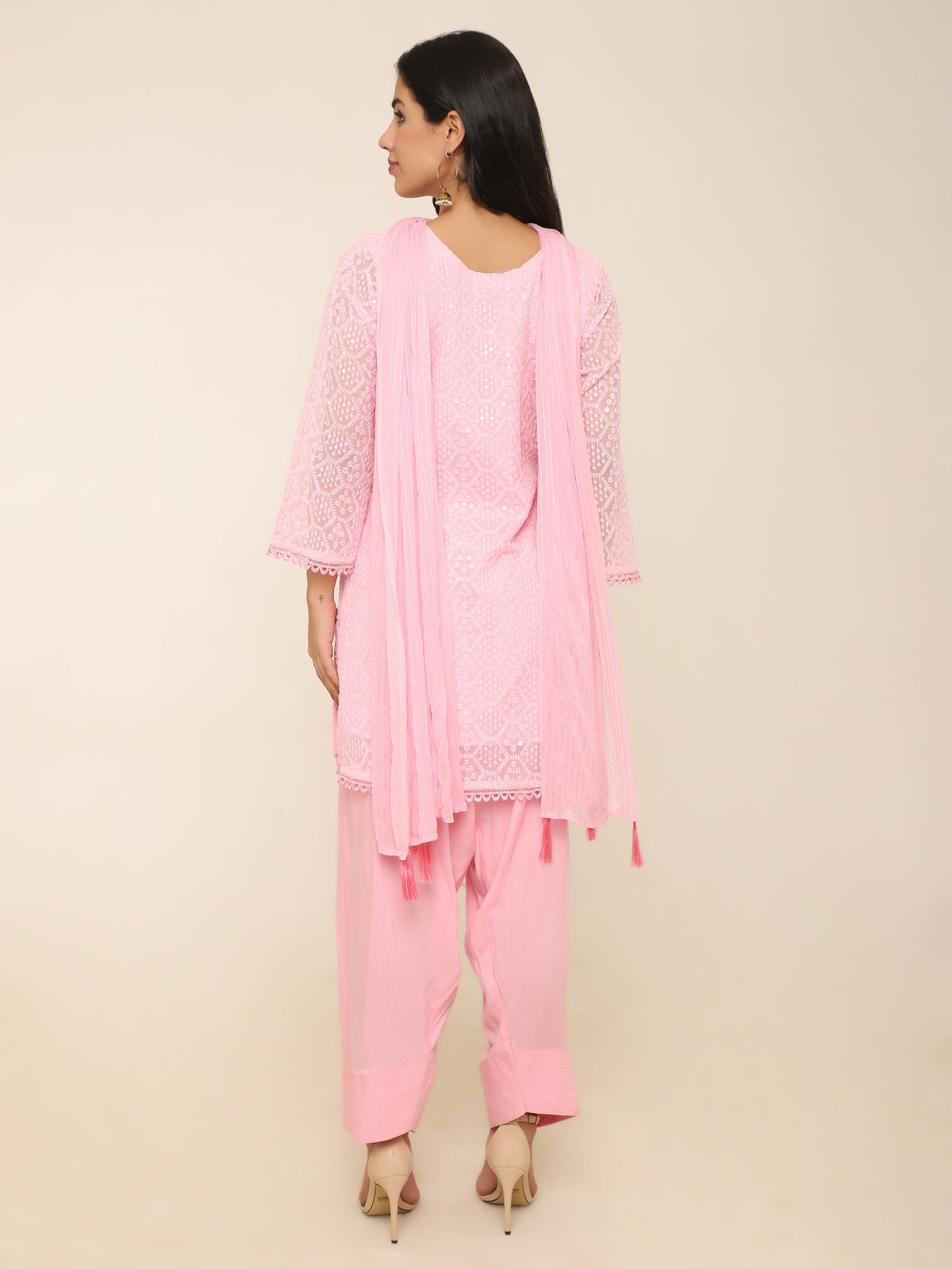 Pastel Pink Full Embroidered Short Kurti with Farshi Salwar & Tassel Dupatta