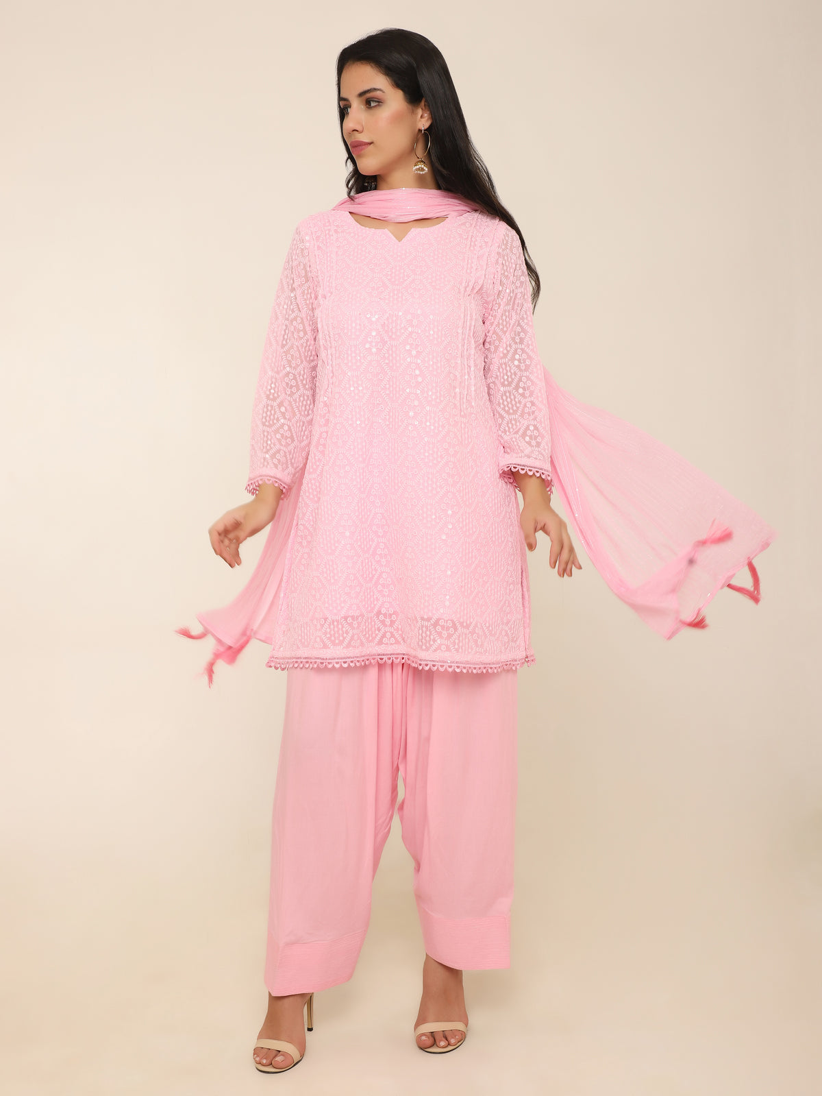 Pastel Pink Full Embroidered Short Kurti with Farshi Salwar & Tassel Dupatta