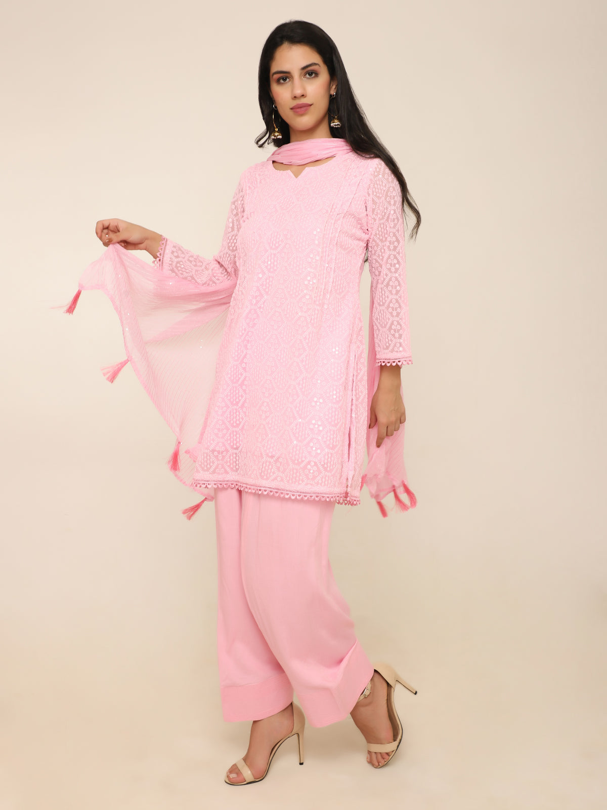 Pastel Pink Full Embroidered Short Kurti with Farshi Salwar & Tassel Dupatta