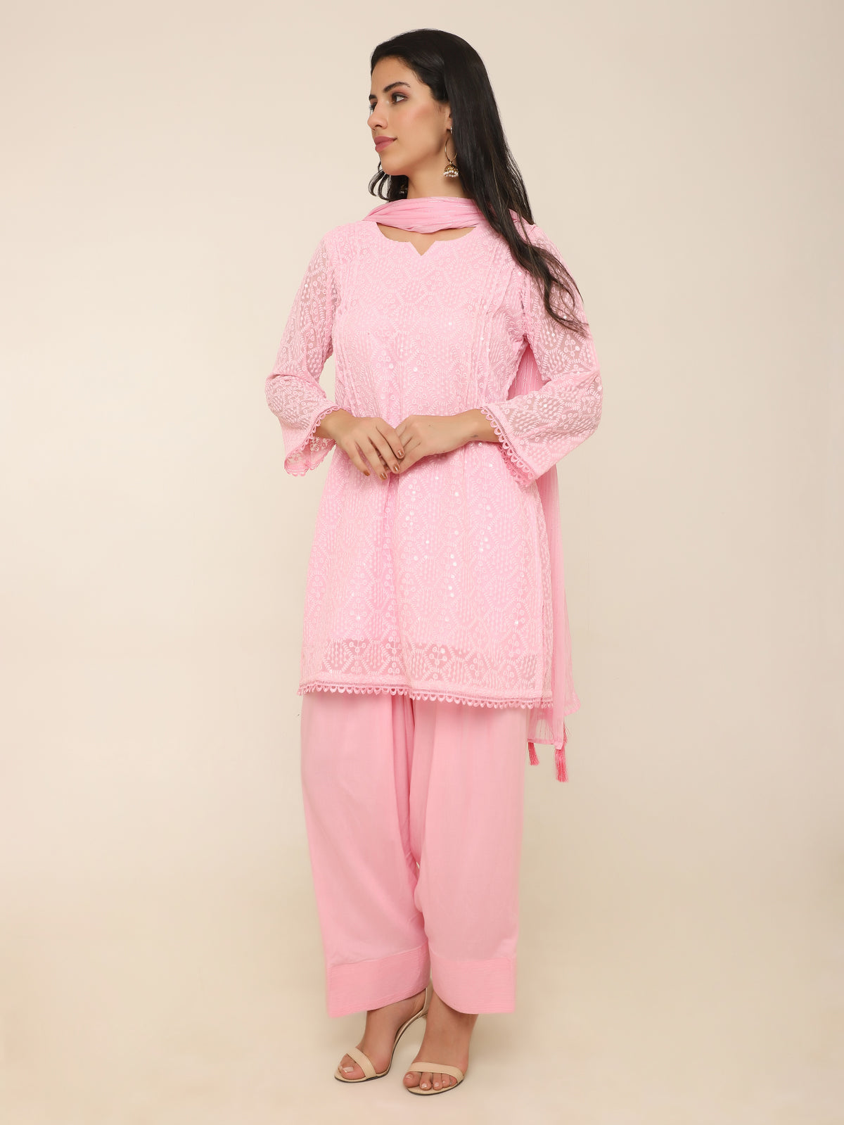 Pastel Pink Full Embroidered Short Kurti with Farshi Salwar & Tassel Dupatta