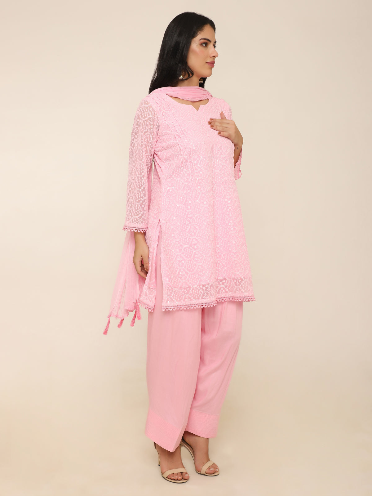 Pastel Pink Full Embroidered Short Kurti with Farshi Salwar & Tassel Dupatta