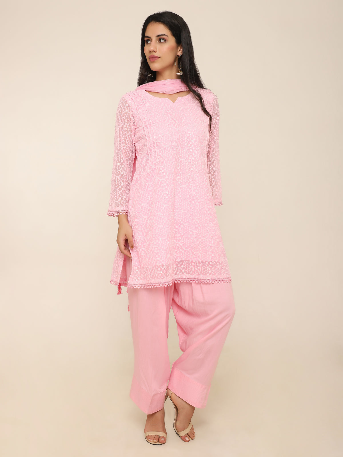 Pastel Pink Full Embroidered Short Kurti with Farshi Salwar & Tassel Dupatta