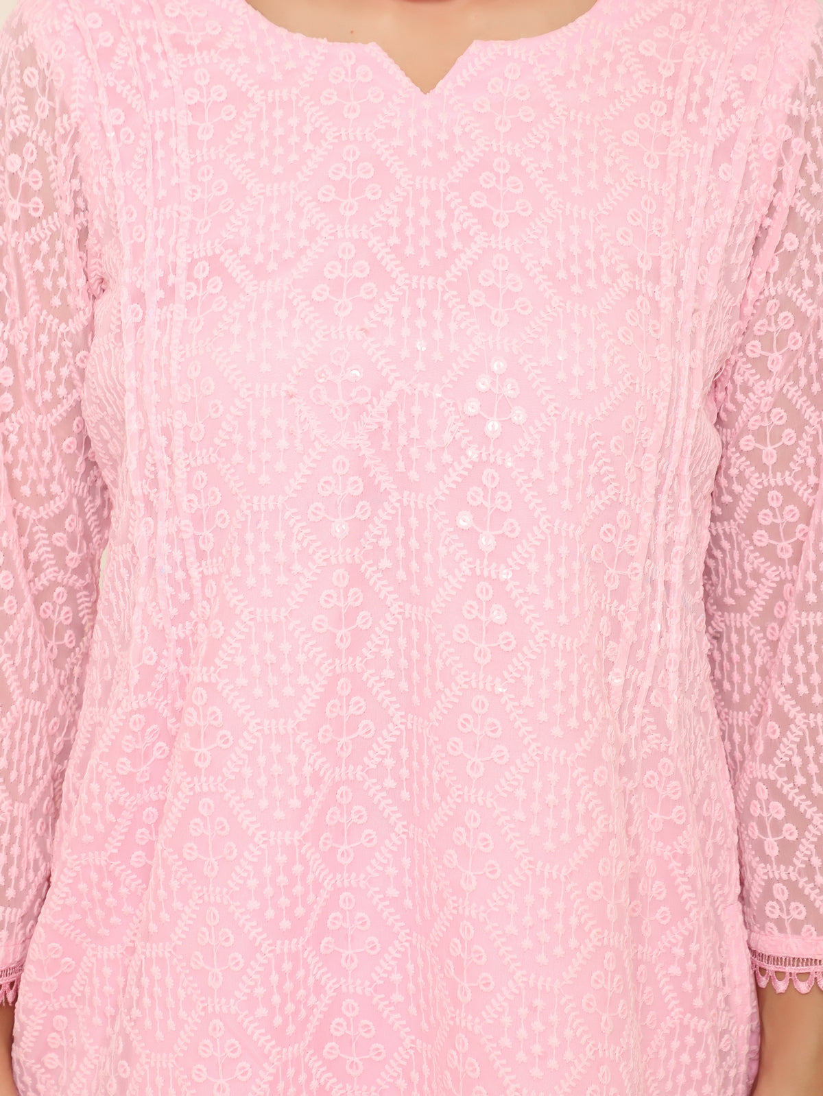 Pastel Pink Full Embroidered Short Kurti with Farshi Salwar & Tassel Dupatta