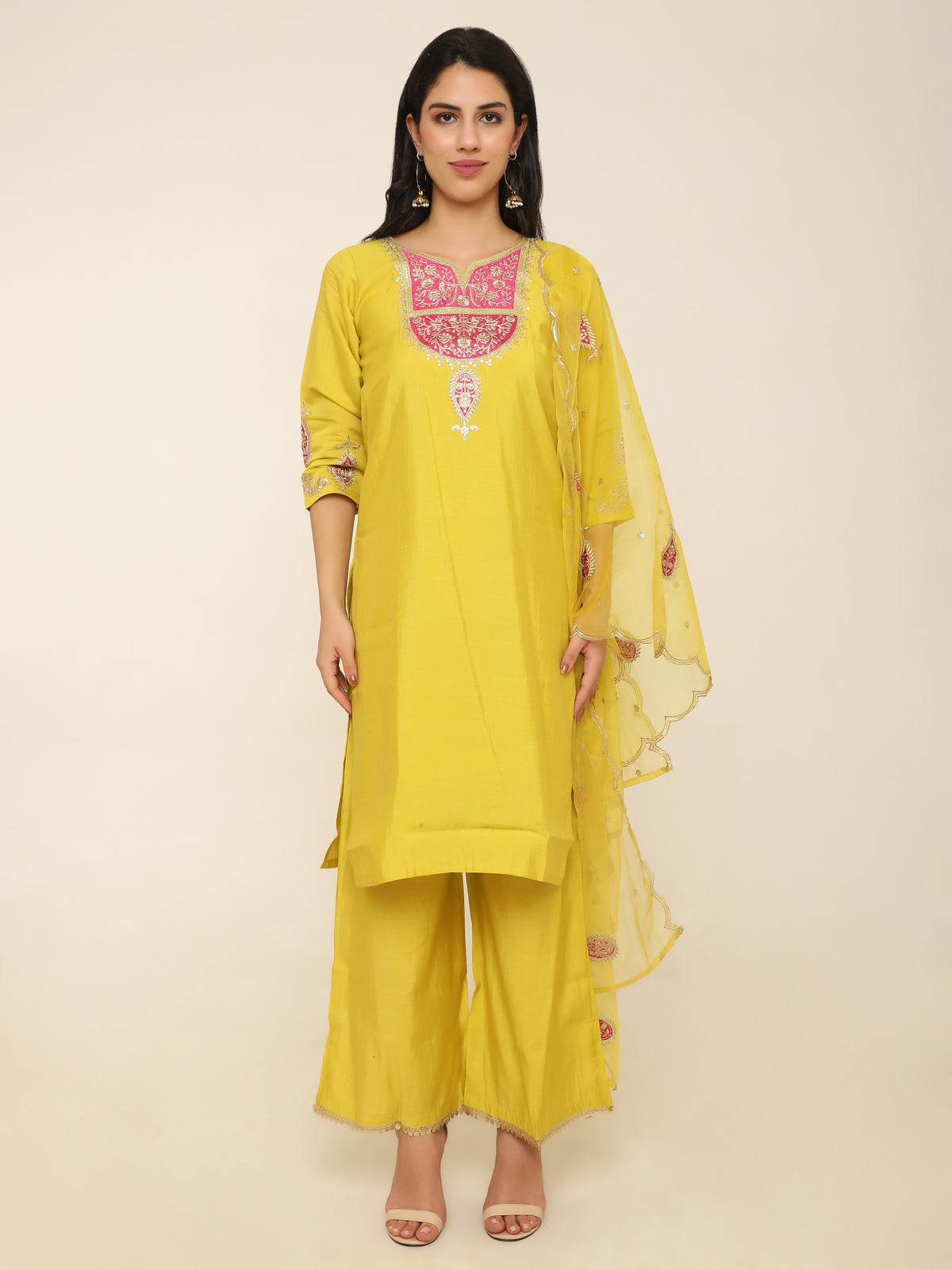 Yellow Embroidered Suit with Palazzo & Organza Dupatta