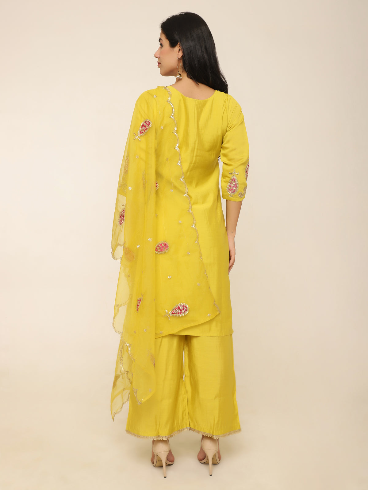 Yellow Embroidered Suit with Palazzo & Organza Dupatta