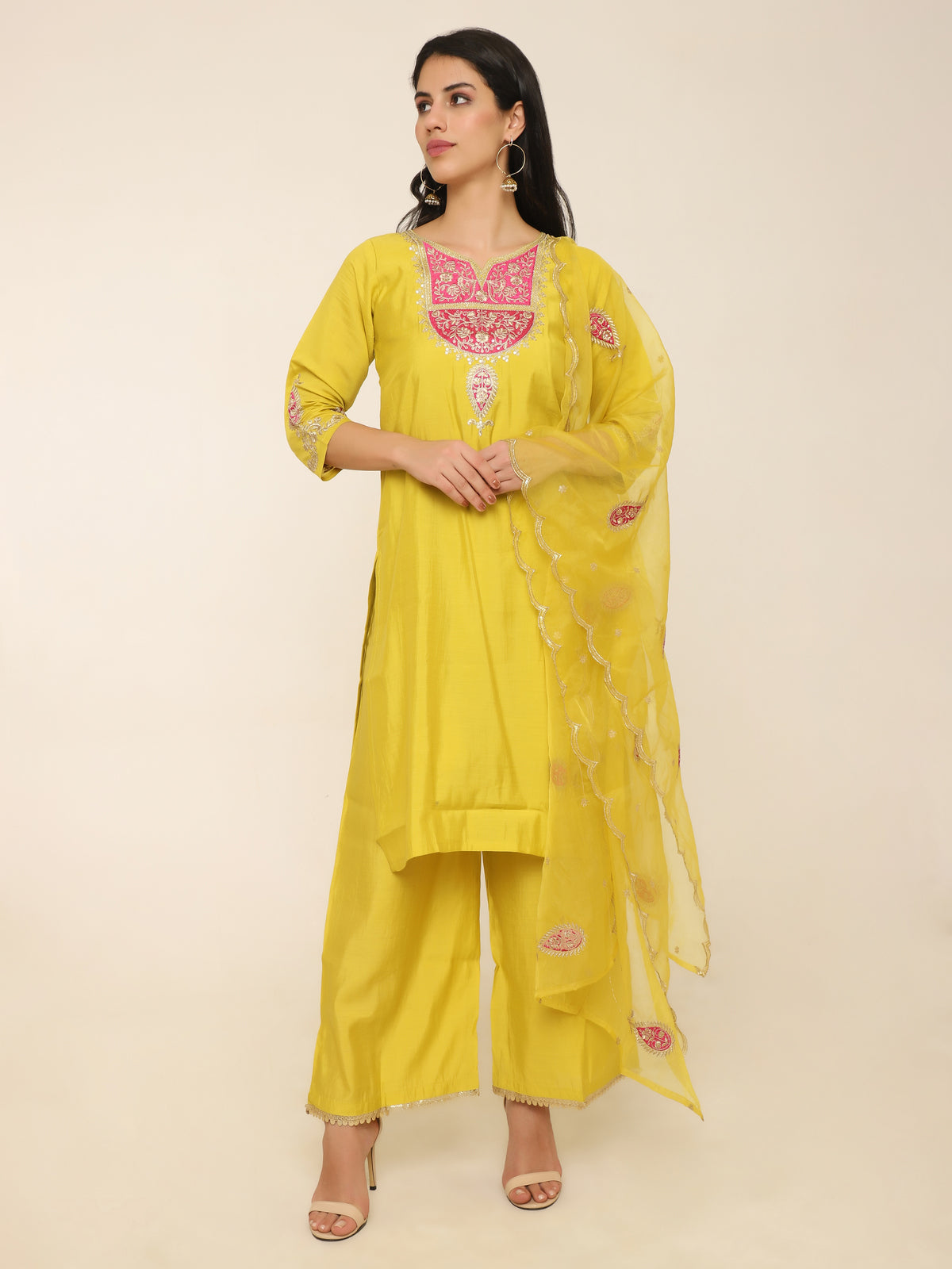 Yellow Embroidered Suit with Palazzo & Organza Dupatta