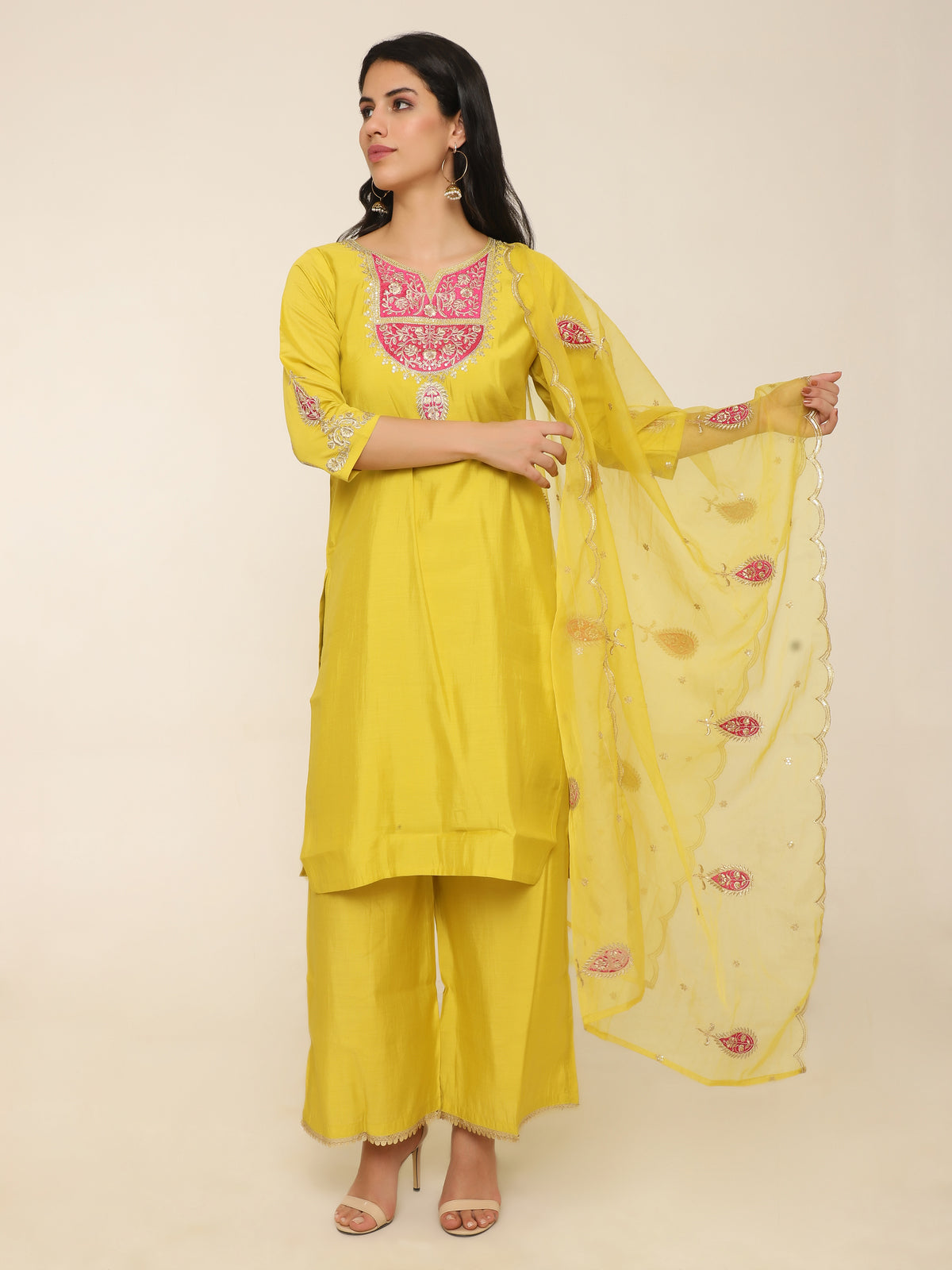 Yellow Embroidered Suit with Palazzo & Organza Dupatta