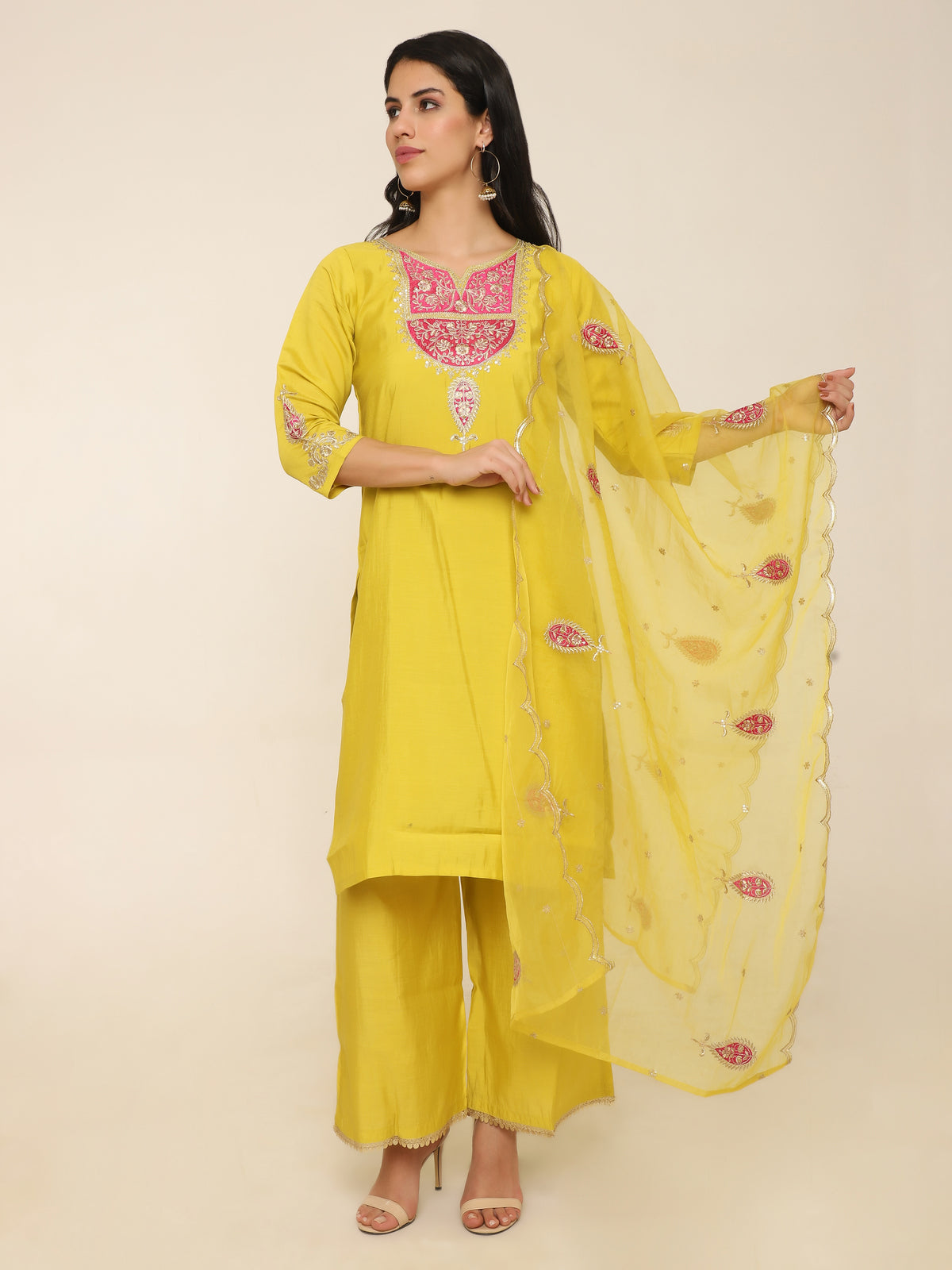 Yellow Embroidered Suit with Palazzo & Organza Dupatta