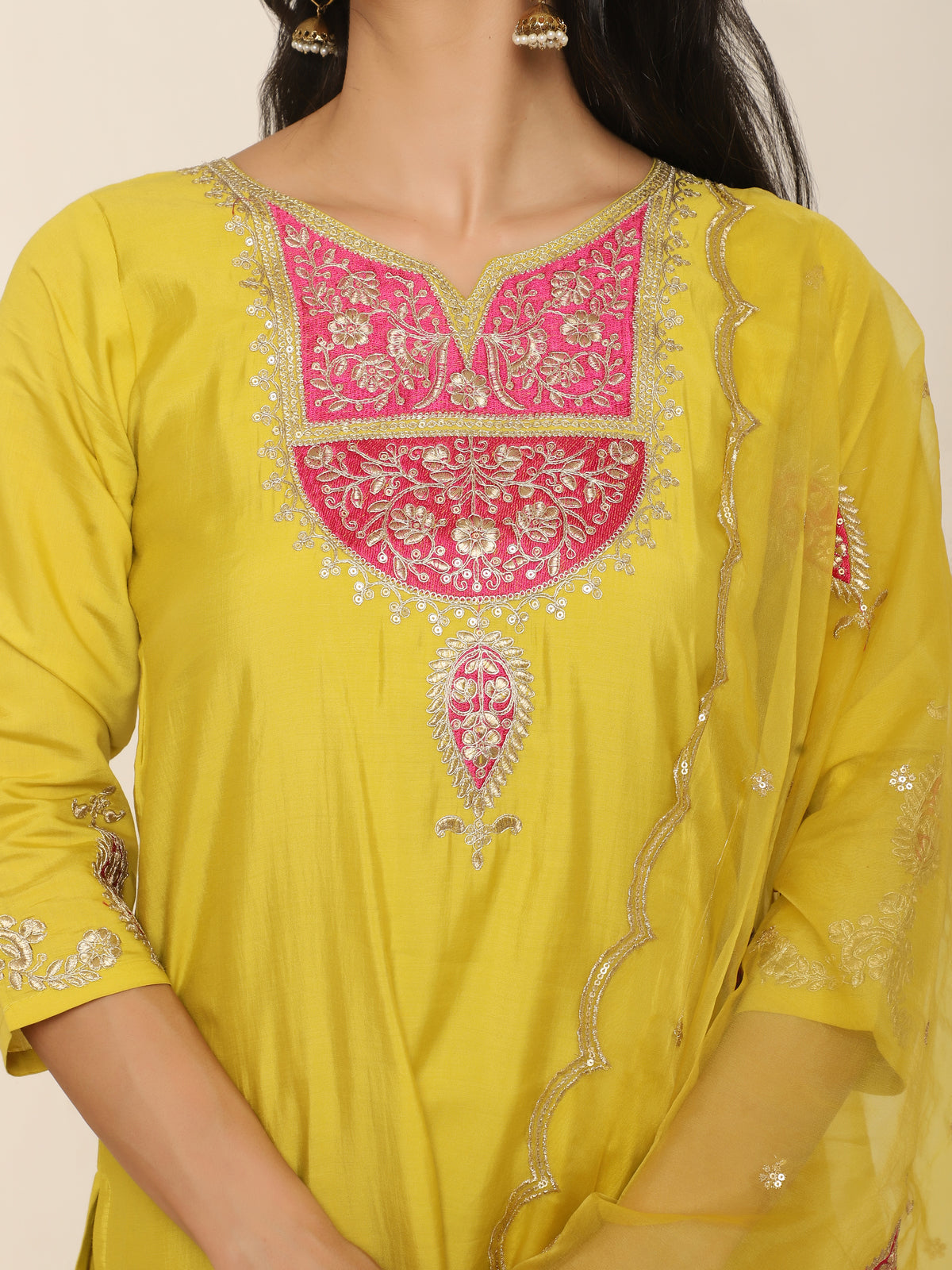 Yellow Embroidered Suit with Palazzo & Organza Dupatta