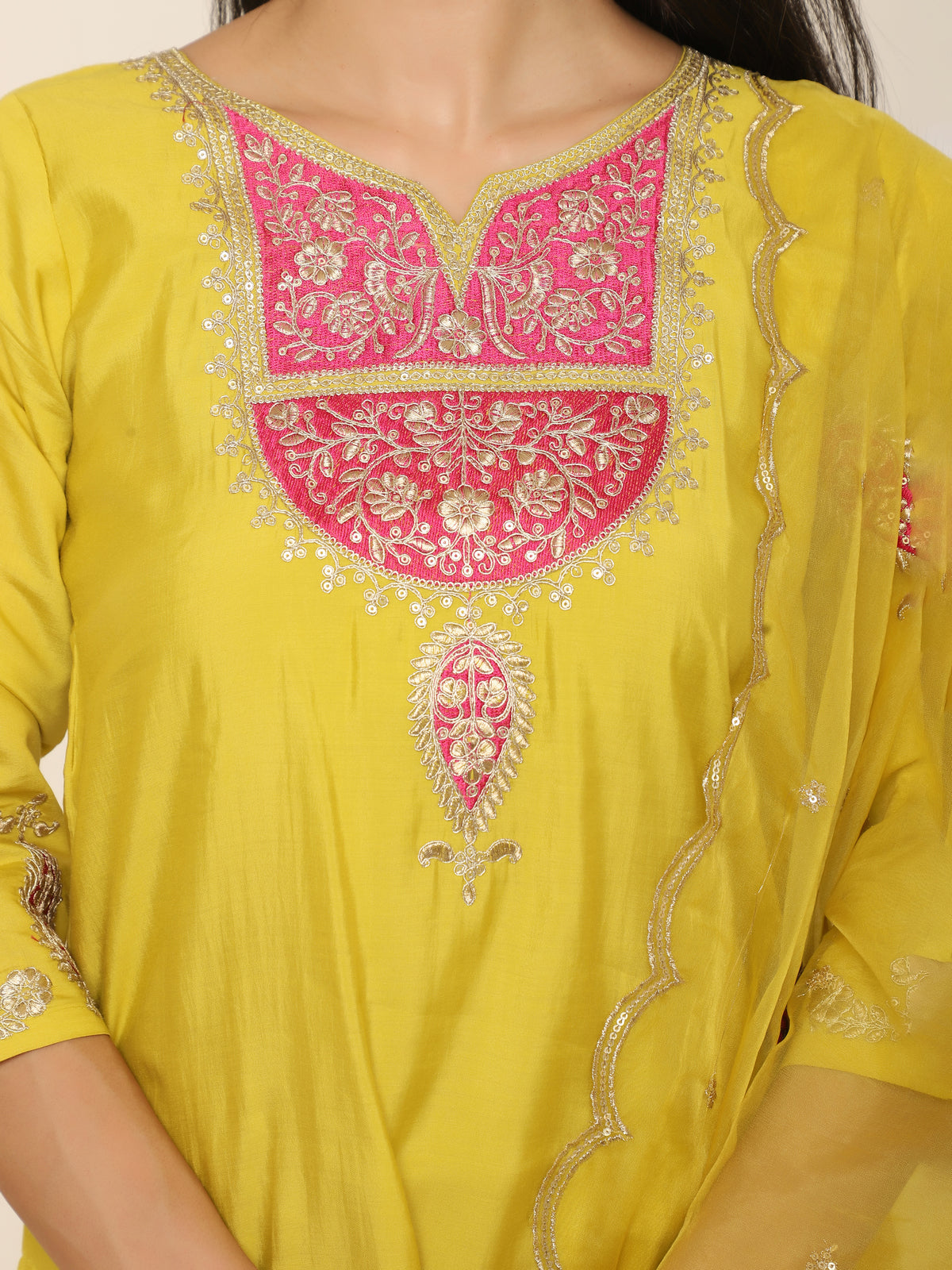 Yellow Embroidered Suit with Palazzo & Organza Dupatta
