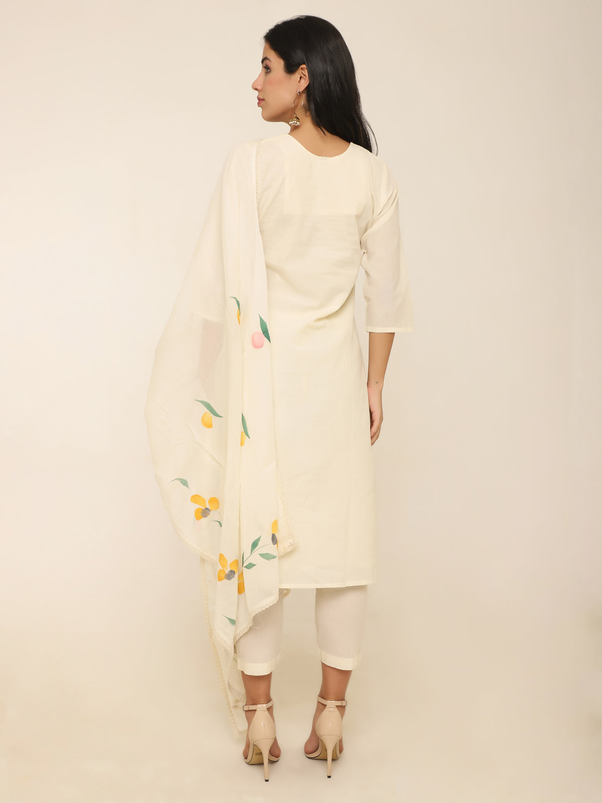 Cream Floral Embroidered Suit with Hand-Painted Floral Dupatta