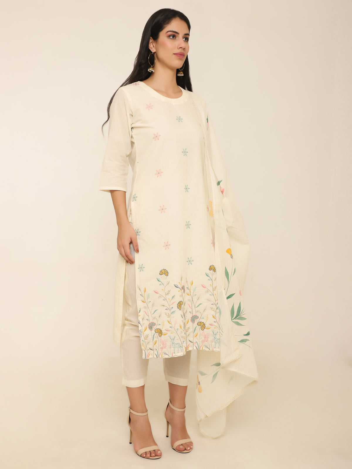 Cream Floral Embroidered Suit with Hand-Painted Floral Dupatta