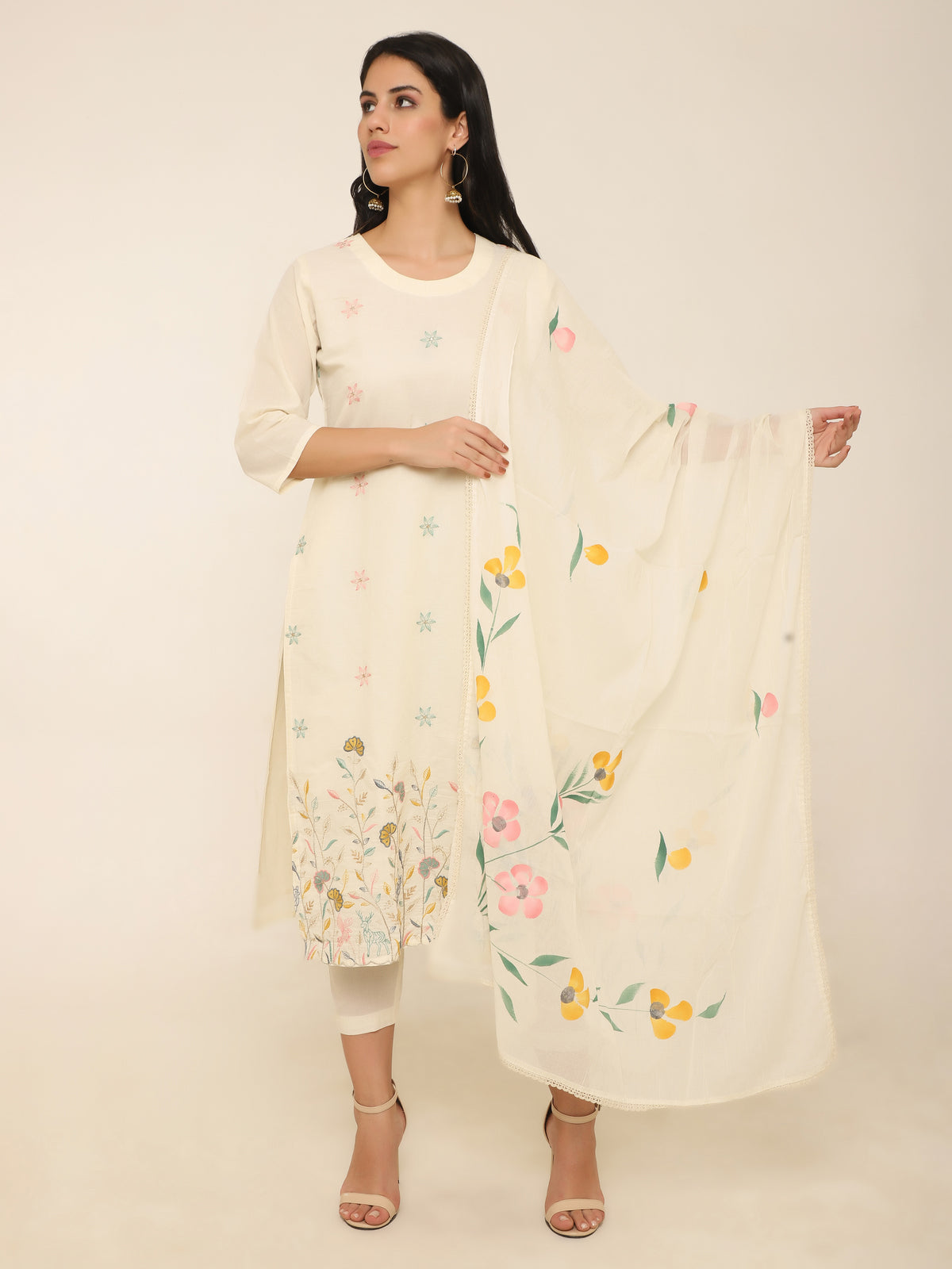 Cream Floral Embroidered Suit with Hand-Painted Floral Dupatta
