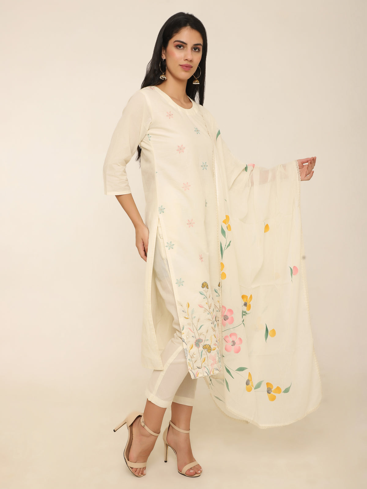 Cream Floral Embroidered Suit with Hand-Painted Floral Dupatta