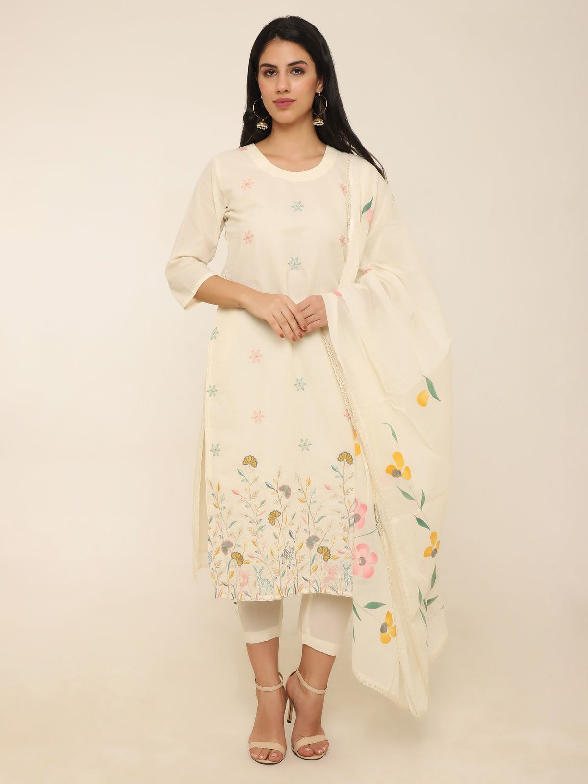 Cream Floral Embroidered Suit with Hand-Painted Floral Dupatta