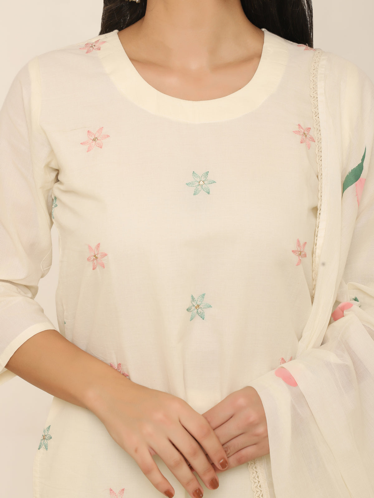Cream Floral Embroidered Suit with Hand-Painted Floral Dupatta