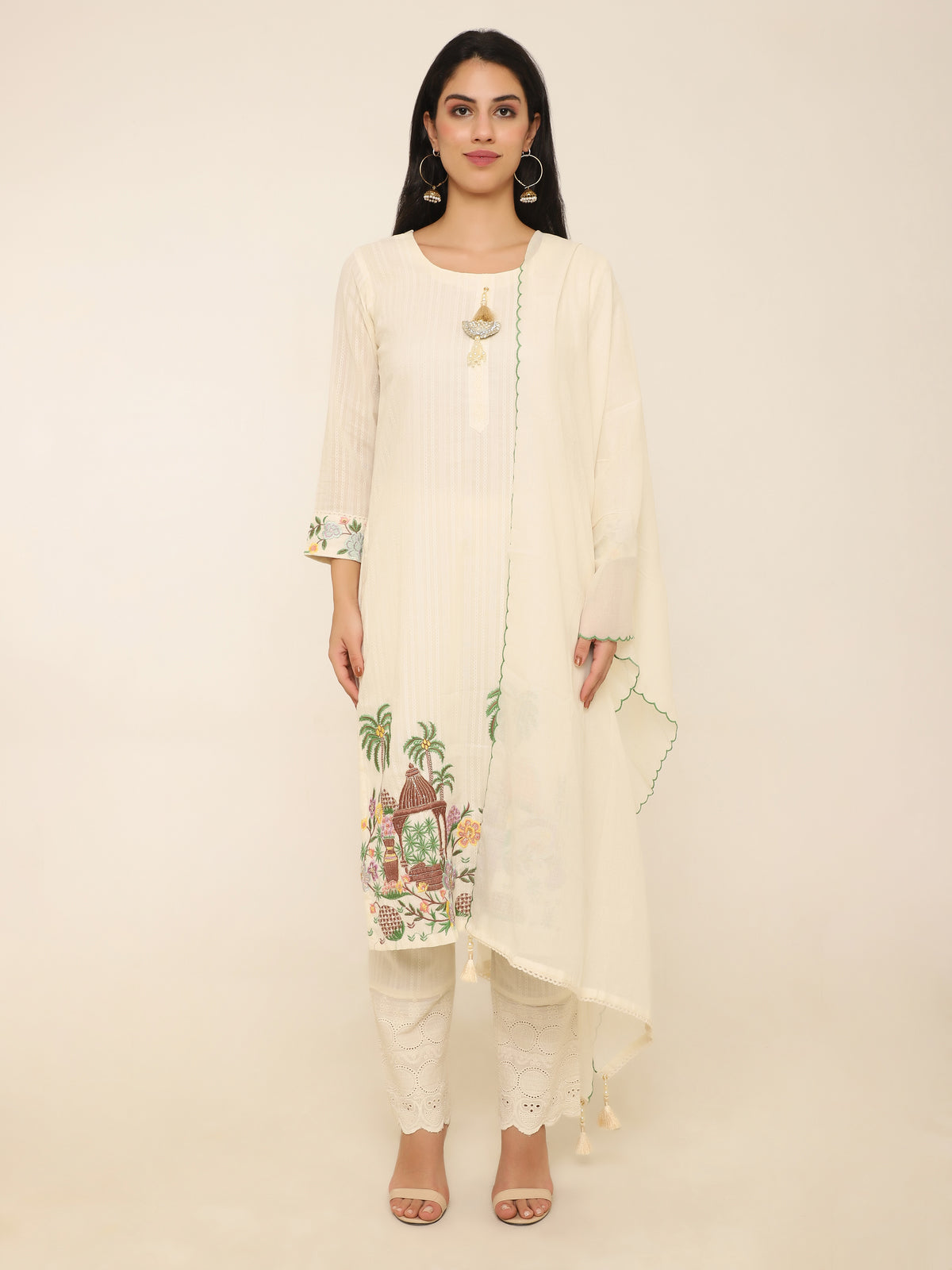 Ivory Schiffly Suit with Palm Tree Embroidery & Scalloped Dupatta