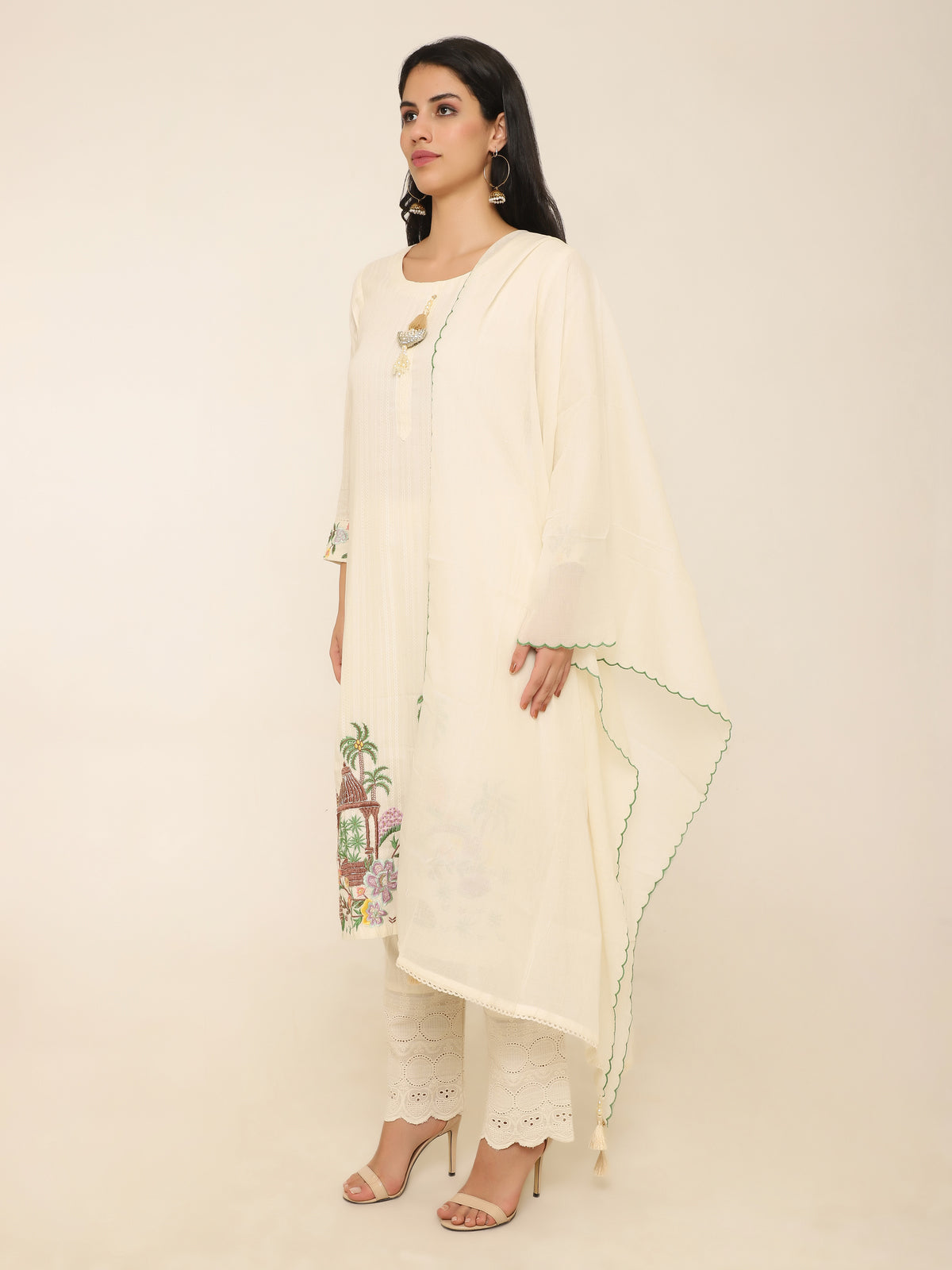 Ivory Schiffly Suit with Palm Tree Embroidery & Scalloped Dupatta