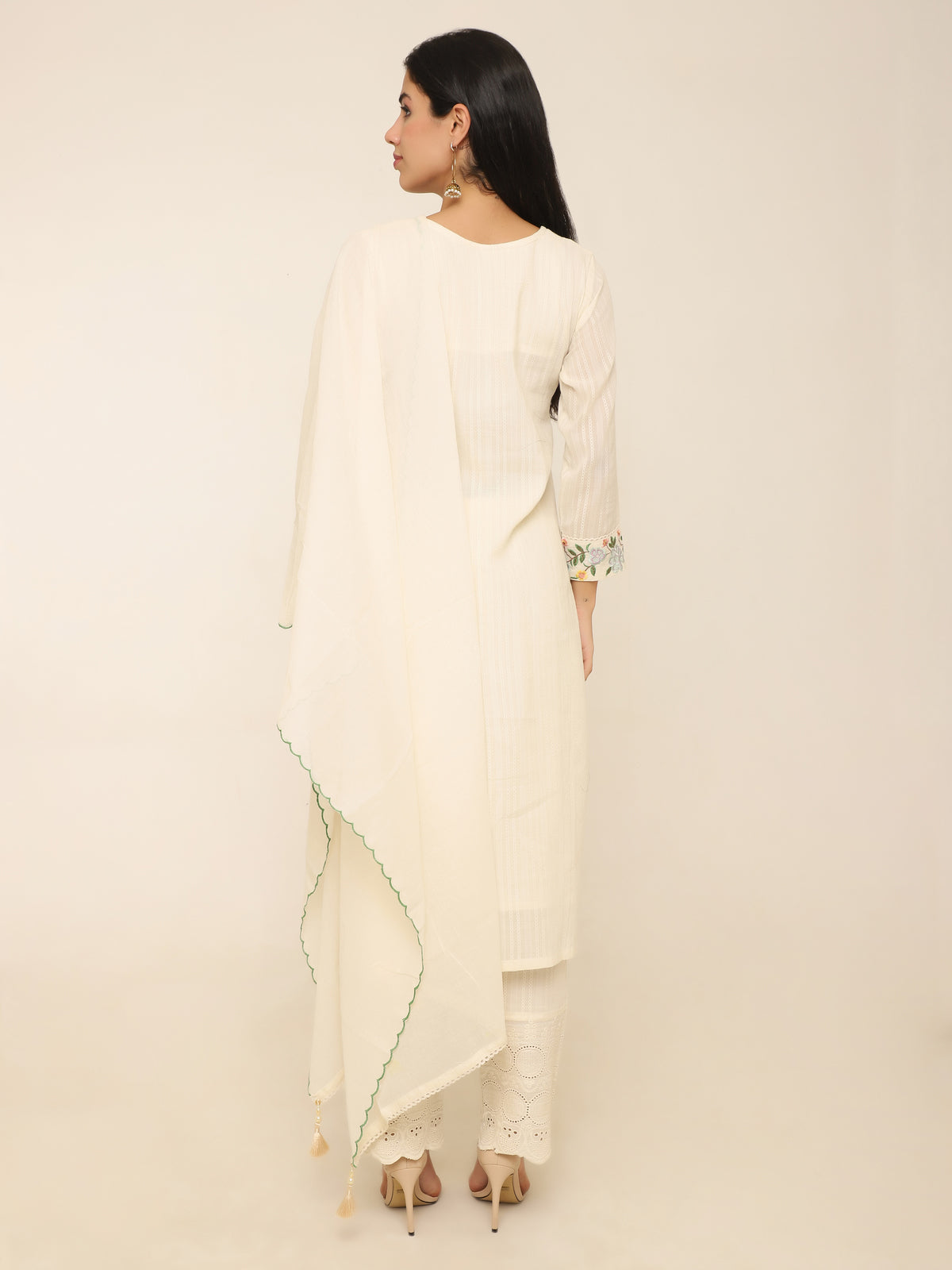 Ivory Schiffly Suit with Palm Tree Embroidery & Scalloped Dupatta