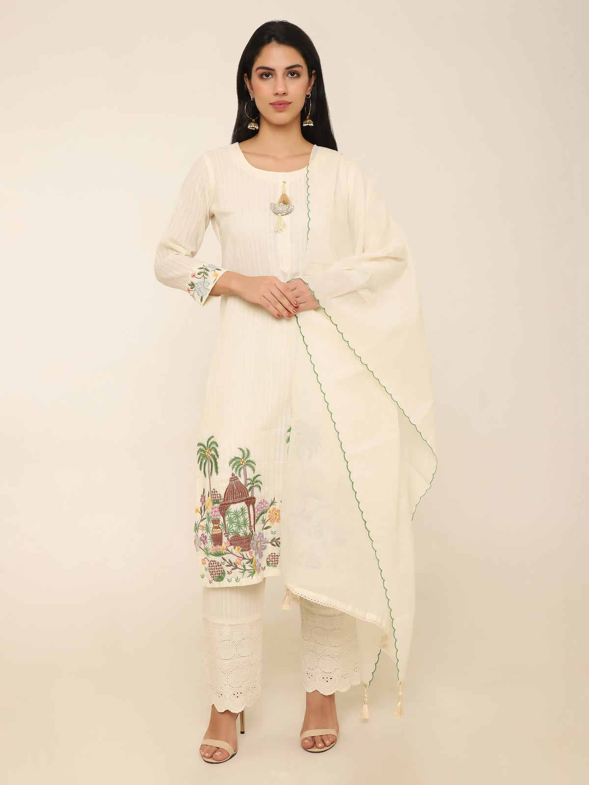 Ivory Schiffly Suit with Palm Tree Embroidery & Scalloped Dupatta