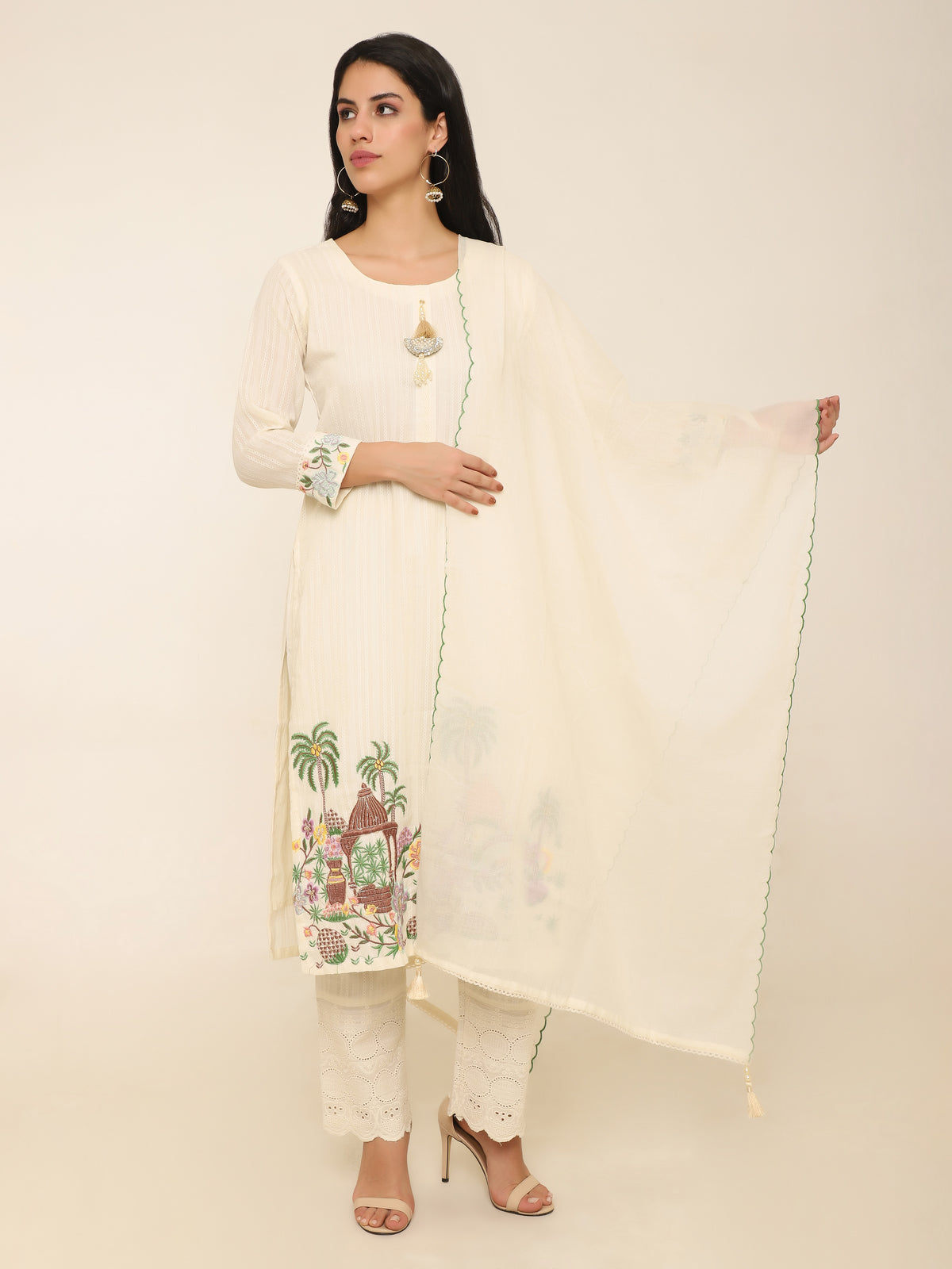 Ivory Schiffly Suit with Palm Tree Embroidery & Scalloped Dupatta