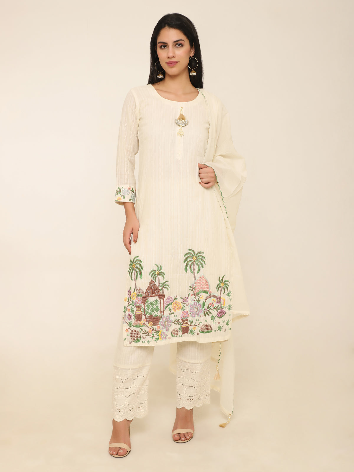 Ivory Schiffly Suit with Palm Tree Embroidery & Scalloped Dupatta