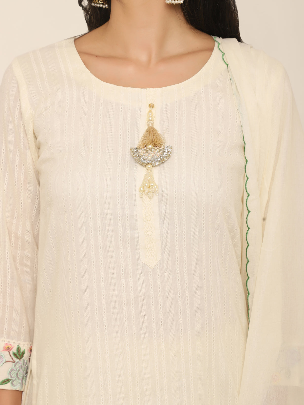 Ivory Schiffly Suit with Palm Tree Embroidery & Scalloped Dupatta