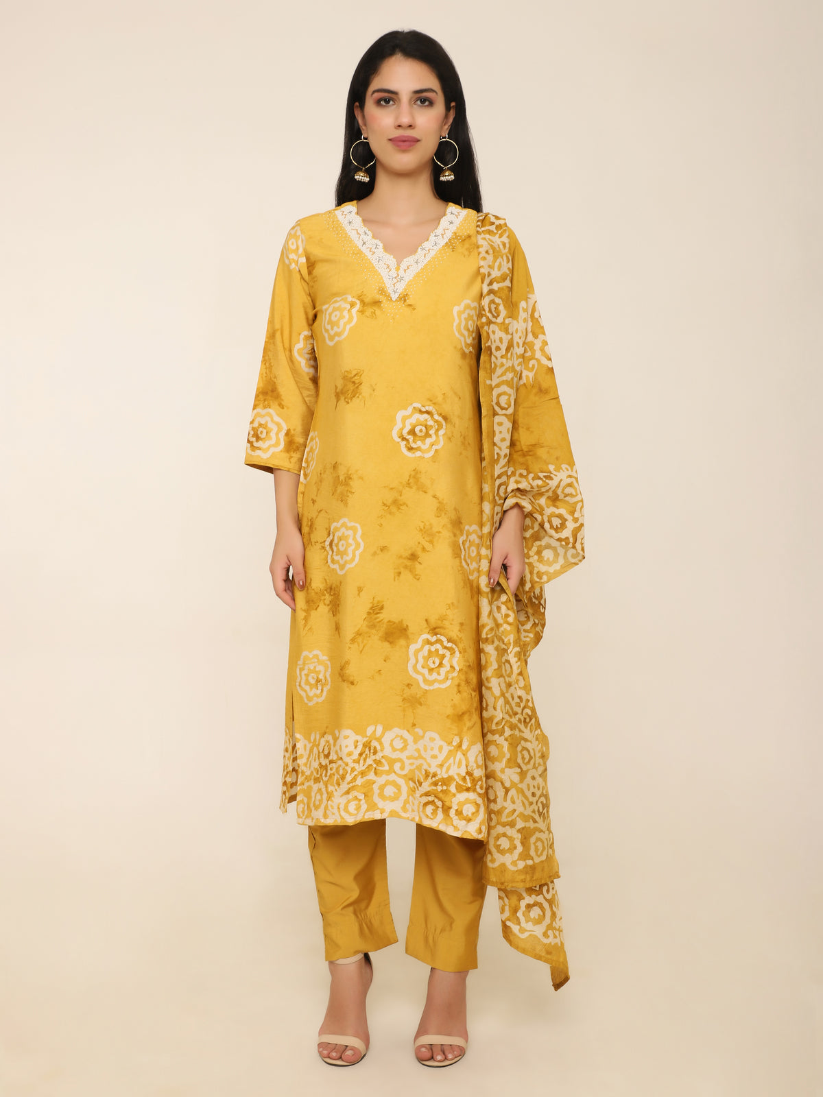 Mustard Yellow Printed 3-Piece Suit with Bead Work