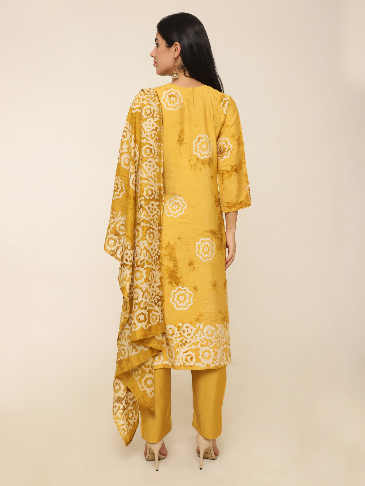 Mustard Yellow Printed 3-Piece Suit with Bead Work