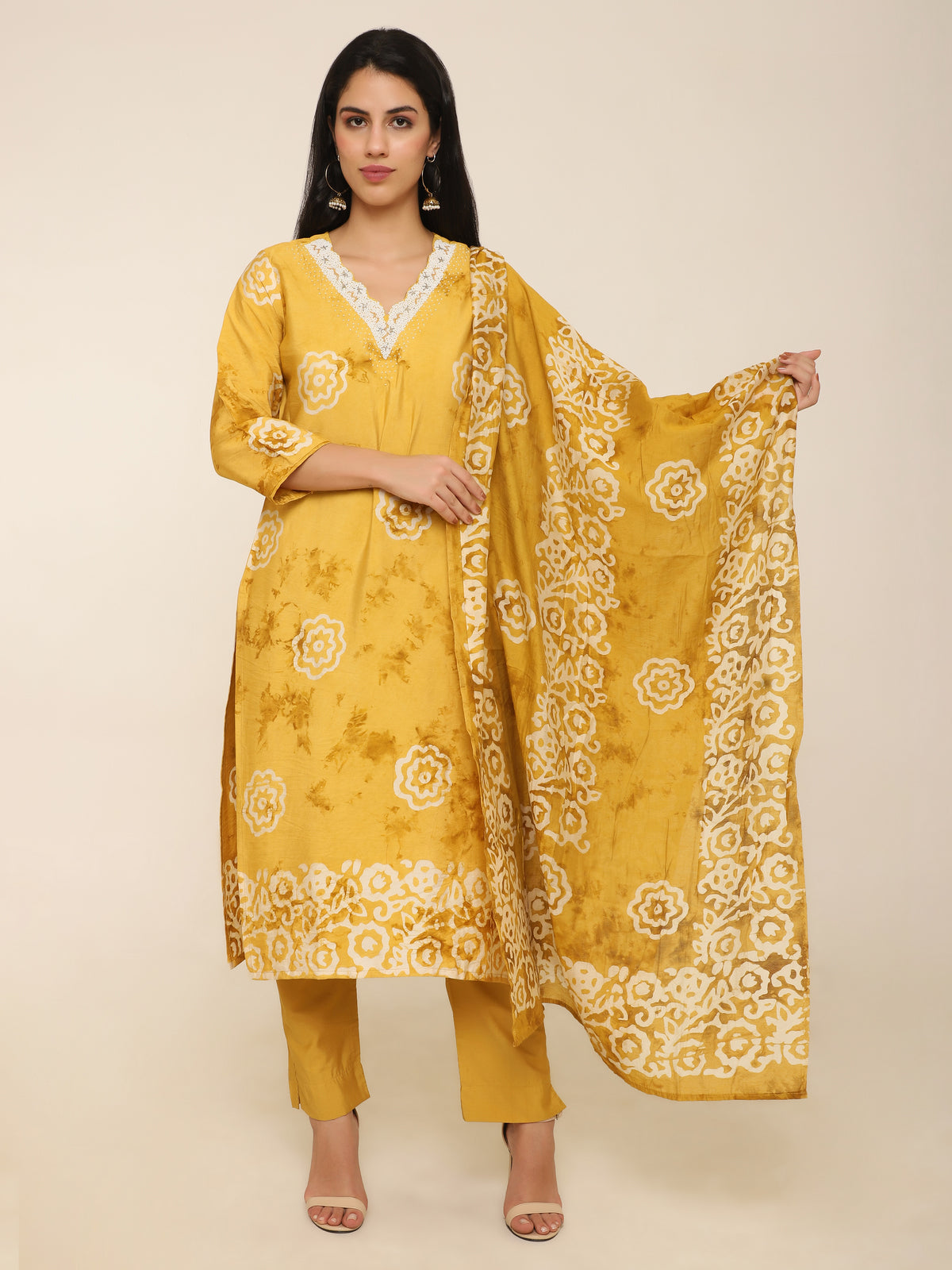 Mustard Yellow Printed 3-Piece Suit with Bead Work