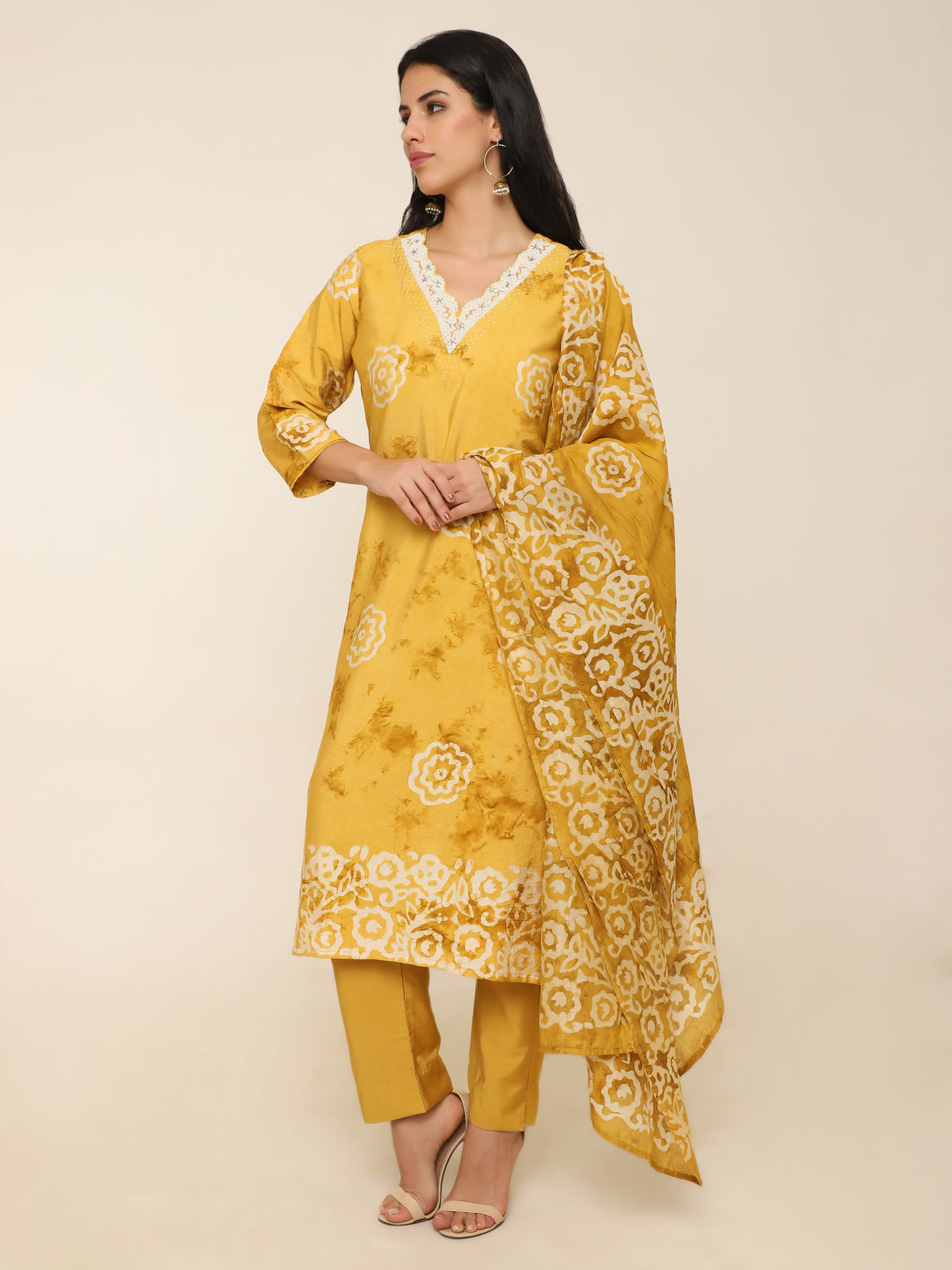 Mustard Yellow Printed 3-Piece Suit with Bead Work